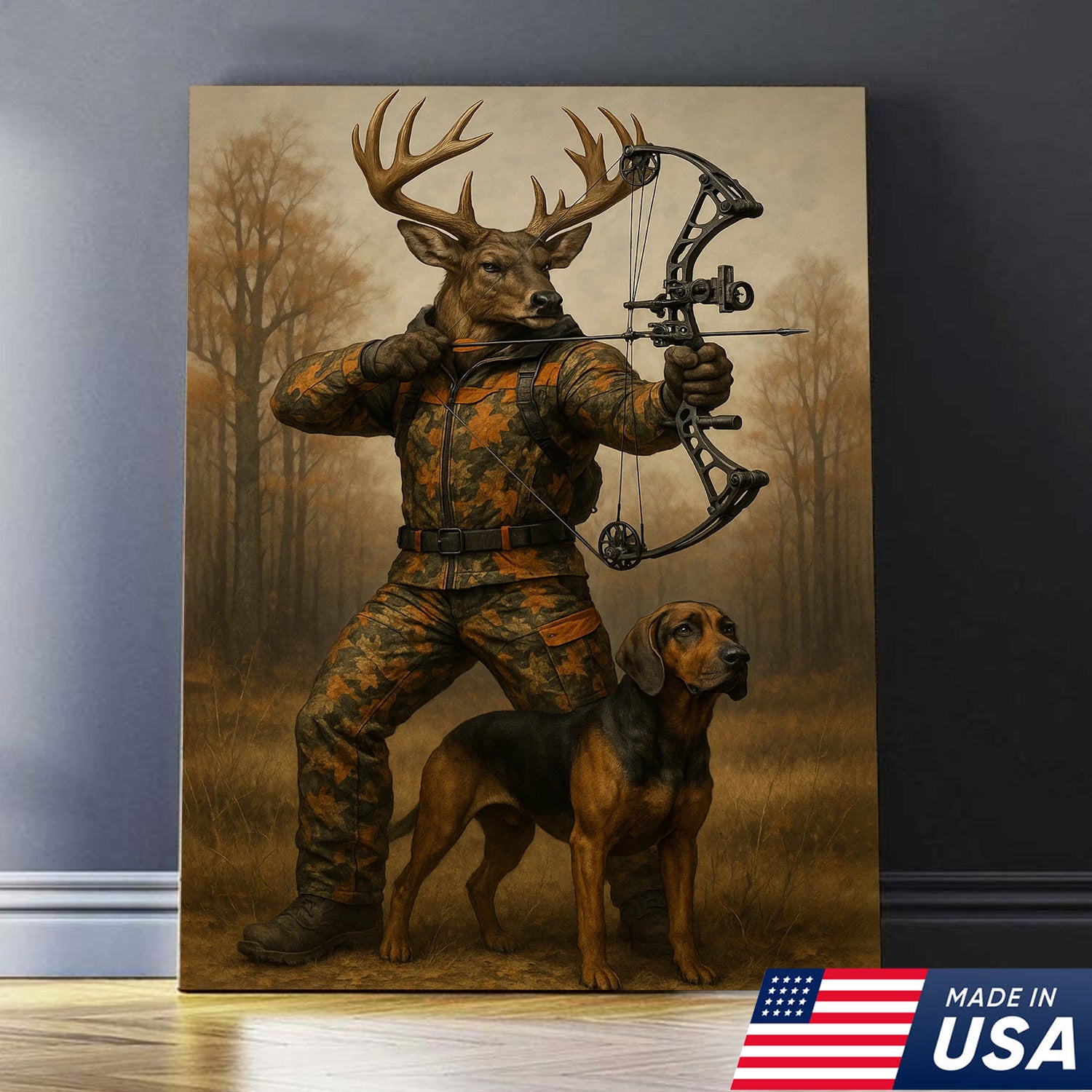 Whitetail Buck Bowhunter Canvas Wall Art – Deer Archer in Camo with Hound Dog – Archery Hunting Decor