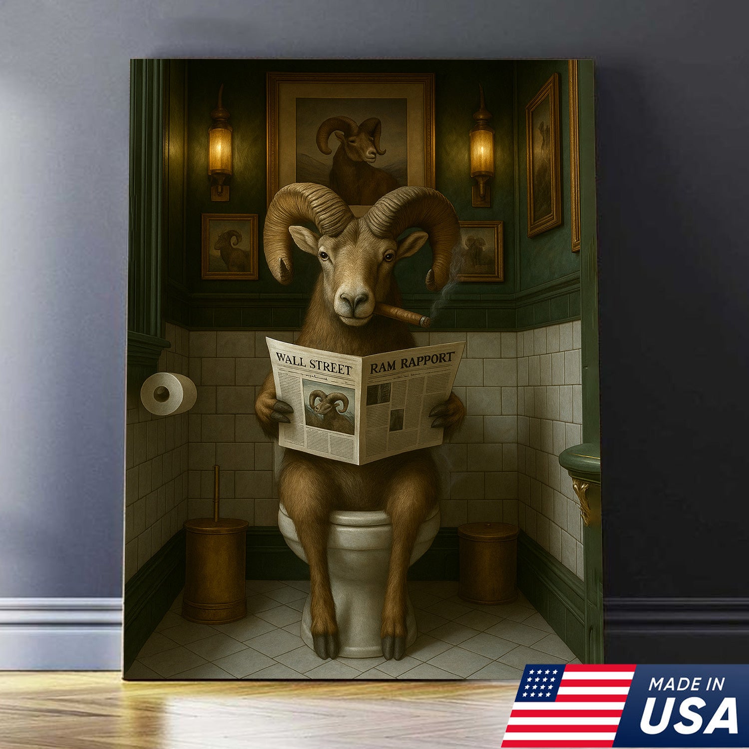 Mountain Goat Toilet Humor Canvas – Funny Hunting Bathroom Wall Art for Hunters, Cabin, Lodge & Country Home
