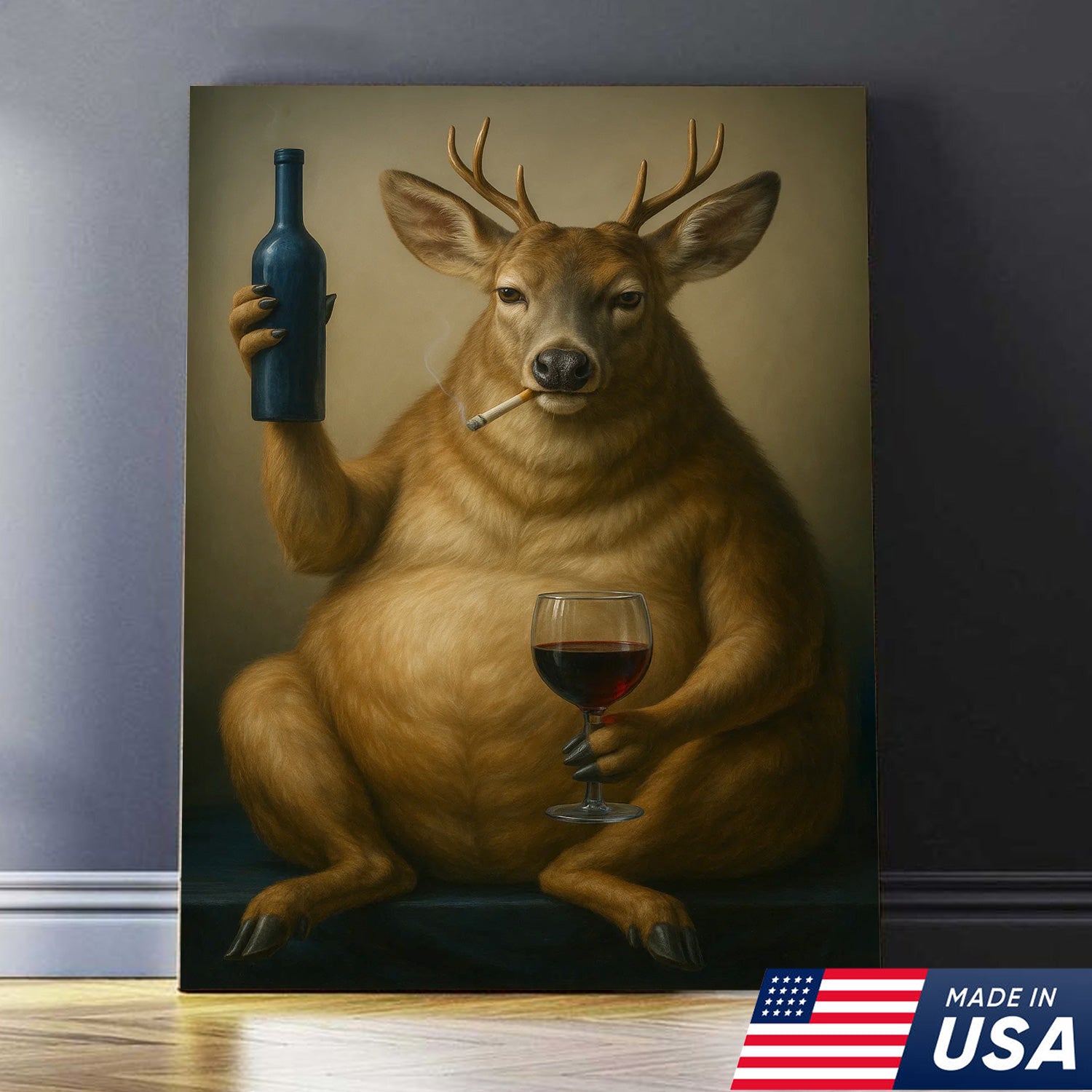 Funny Deer Wall Art Canvas – Fat Buck with Wine Glass Rustic Lodge Decor – Whimsical Wildlife Hunting Home Decoration