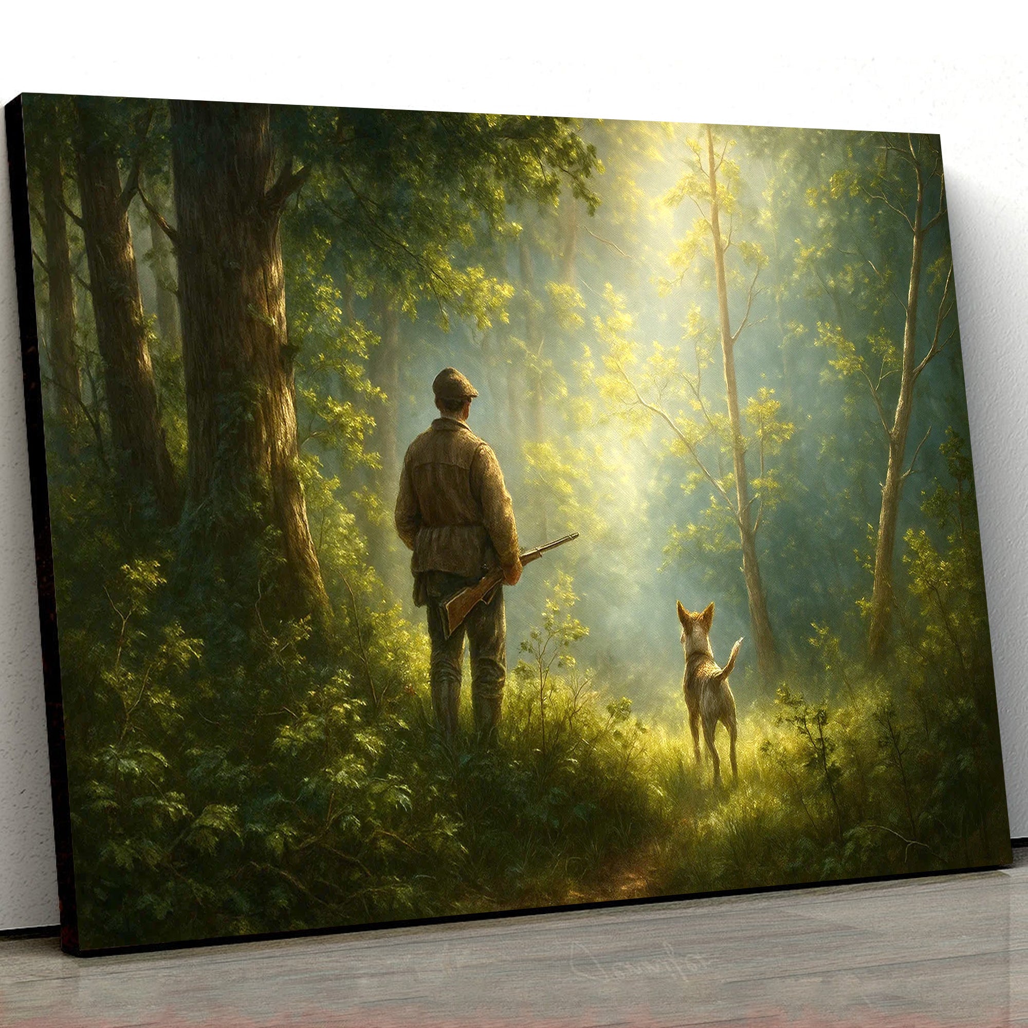 Hunting Canvas Wall Art – Hunter and Dog in Sunlit Forest – Rustic Cabin Decor for Wildlife and Outdoor Enthusiasts