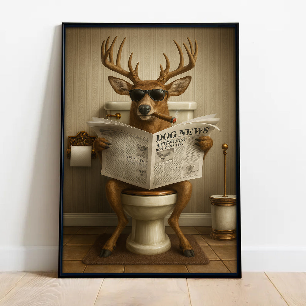 Funny Deer on Toilet Canvas β Hilarious Animal Art Print with SunGlasses and Smoking Reading Newspaper.