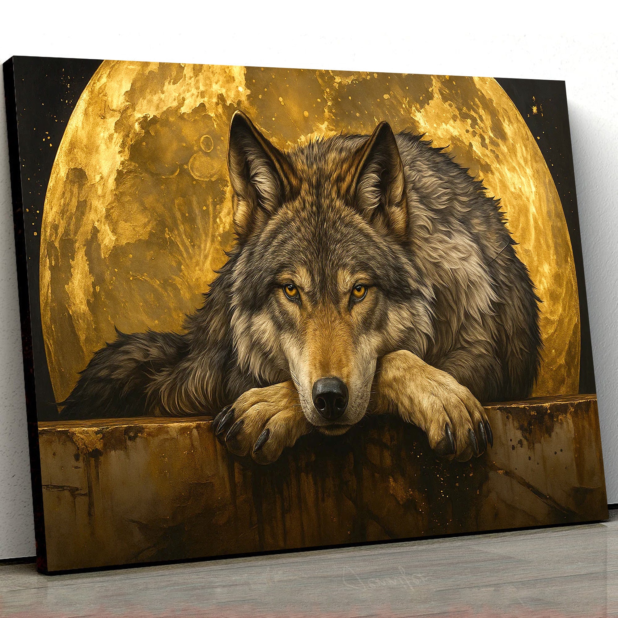 Wolf Canvas Wall Art – Majestic Wolf with Full Moon – Rustic Wildlife Decor for Cabin, Lodge, and Nature Lovers