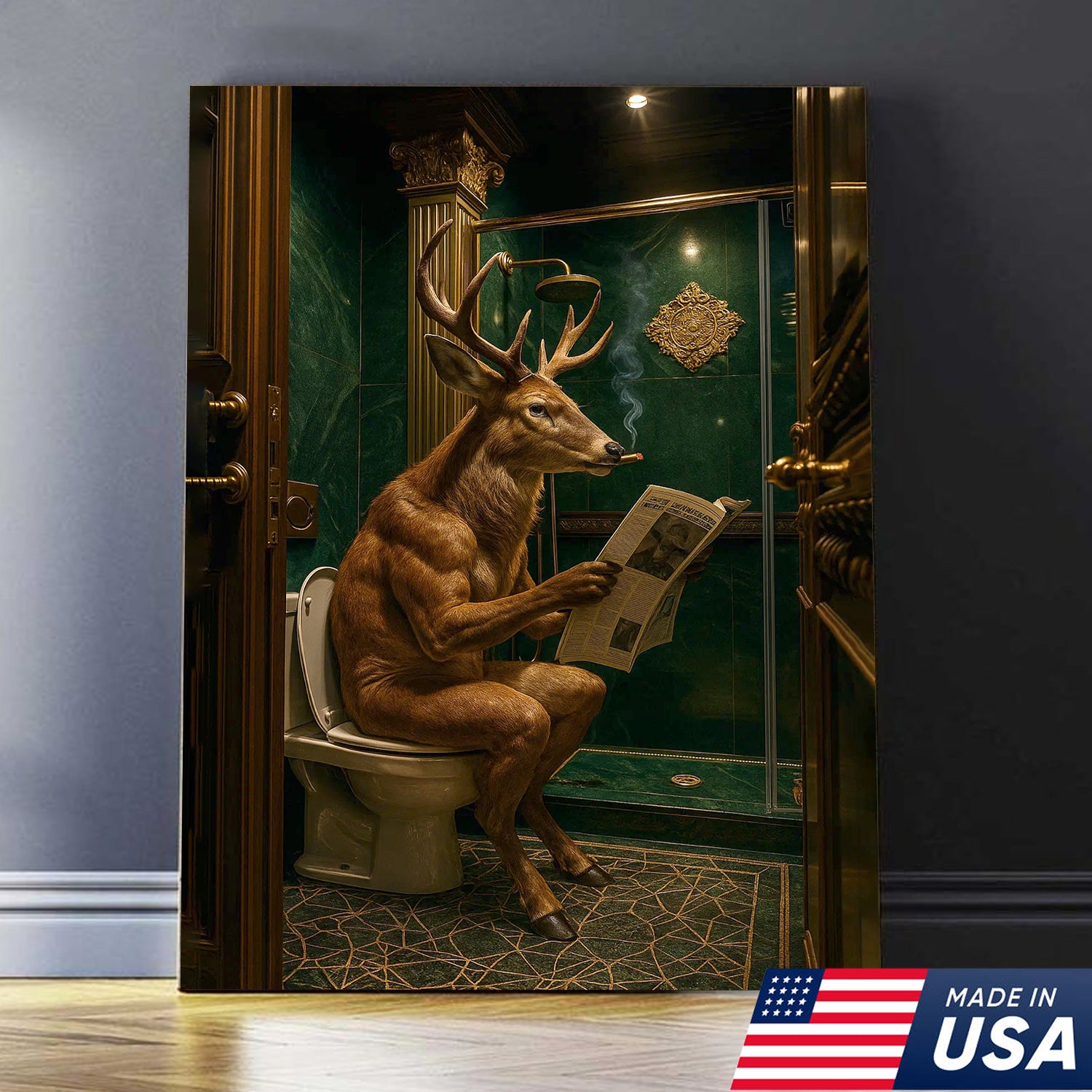 Funny Deer Canvas Wall Art - Anthropomorphic Deer Reading Newspaper in Bathroom, Surreal Animal Decor for Rustic & Modern Homes