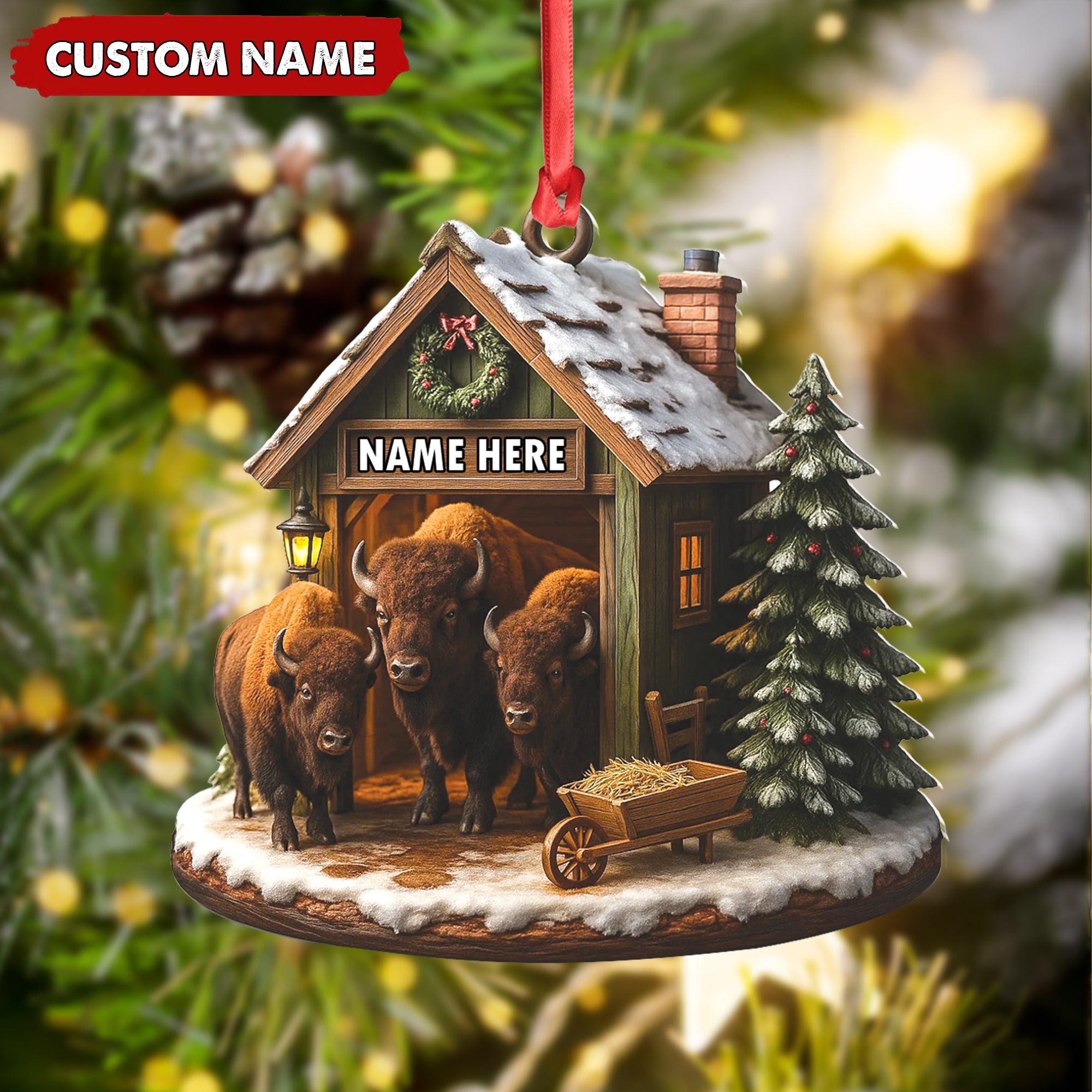 Personalized Acrylic Bison Christmas Ornament – Custom Buffalo Barn Holiday Decor
