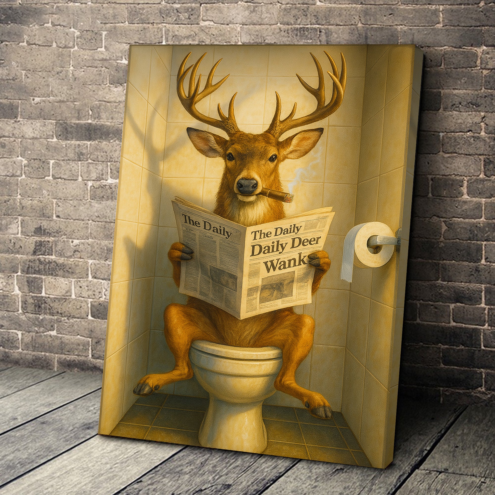 Funny Deer on Toilet Canvas – Quirky Animal Art Print with Smoking and Newspaper for Unique Wall Decor