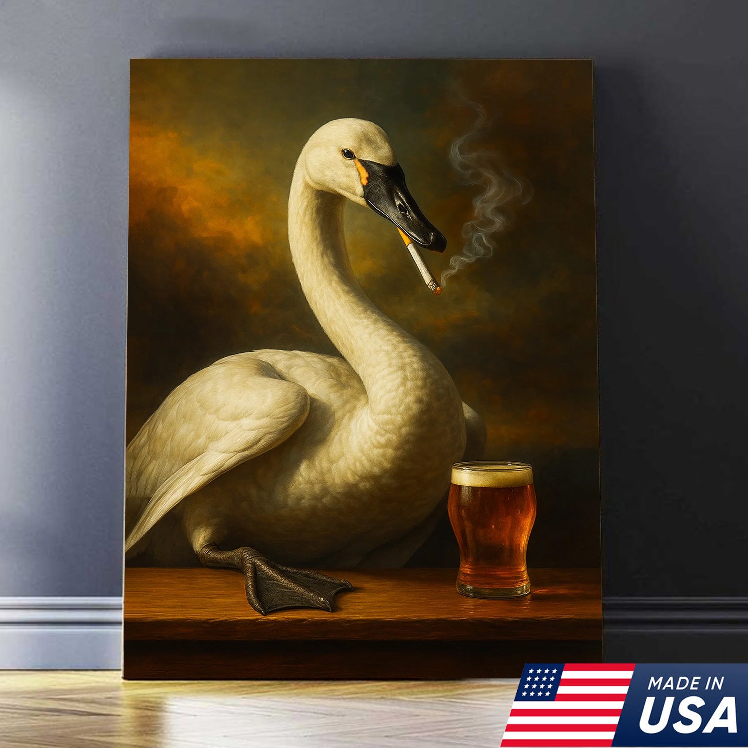 Rustic Tundra Swan Canvas Wall Art – Elegant Wildlife Bar Scene with Beer – Hunting Cabin Lodge Decor