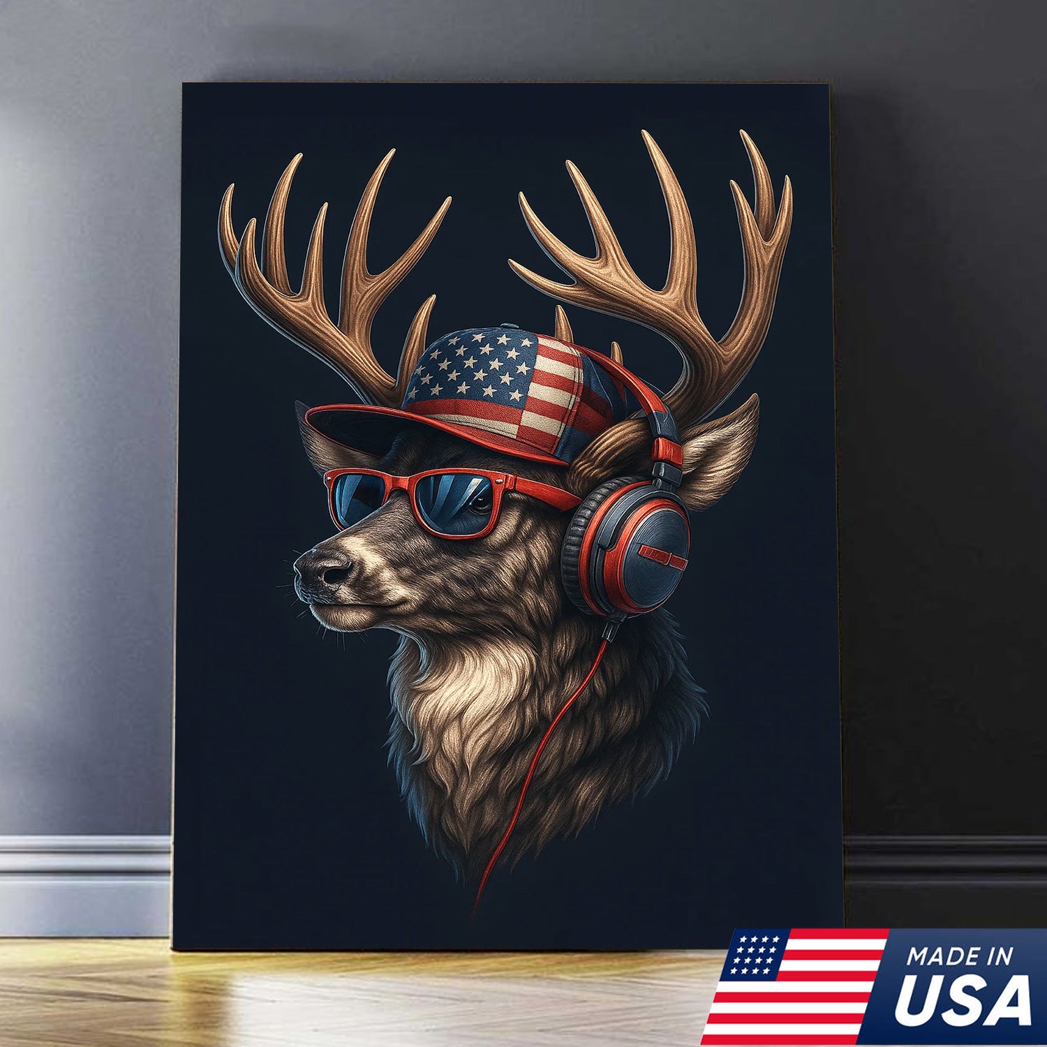 Patriotic Deer Wall Art Canvas – Cool Buck with American Flag Hat and Headphones – Rustic Hunting Lodge Decor USA
