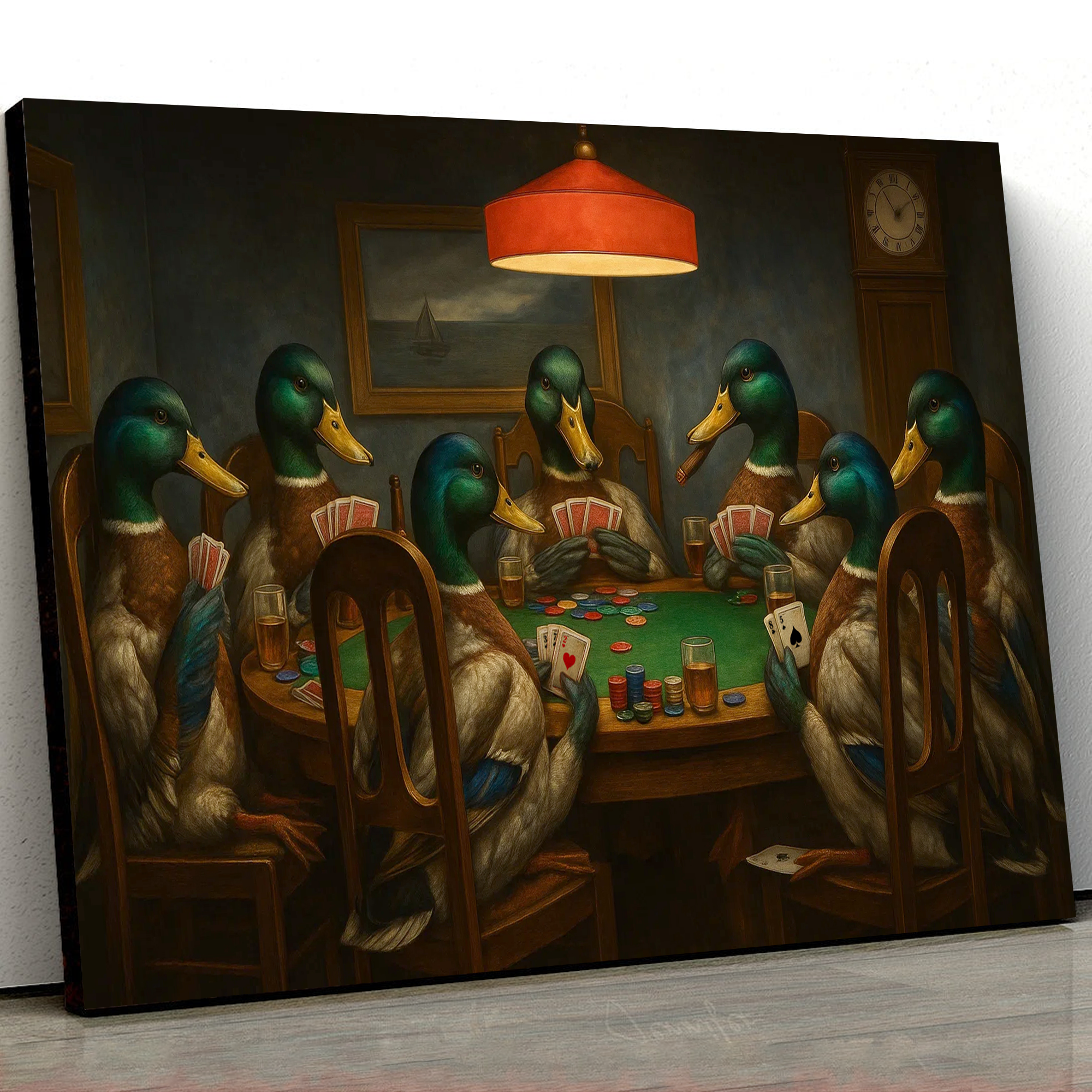Funny Ducks Playing Poker Canvas Wall Art – Rustic Wildlife Game Night Decor – Perfect for Hunting Cabin or Man Cave