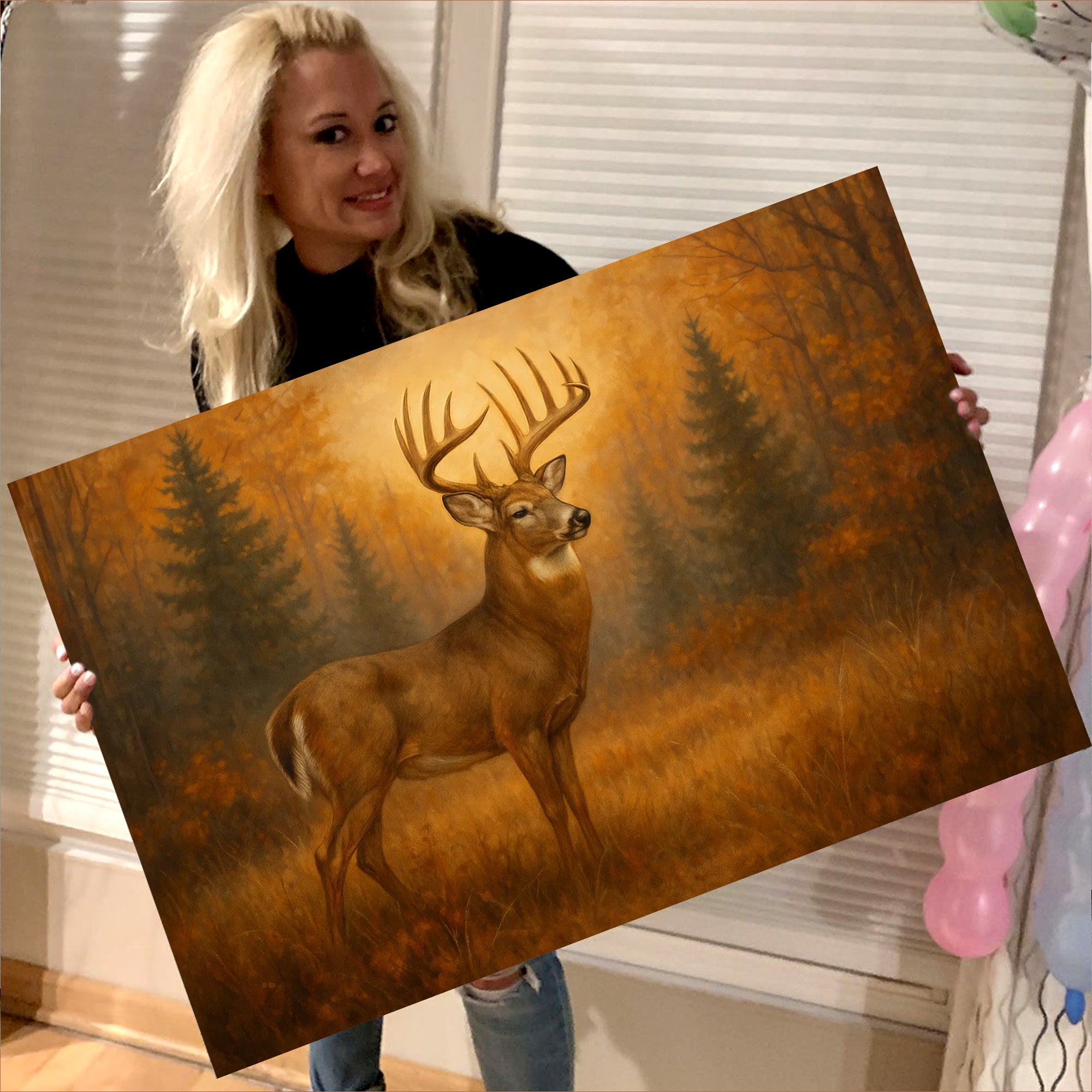 Deer In Autumn Forest Wall Art Canvas – Majestic Buck Hunting Cabin & Lodge Decor