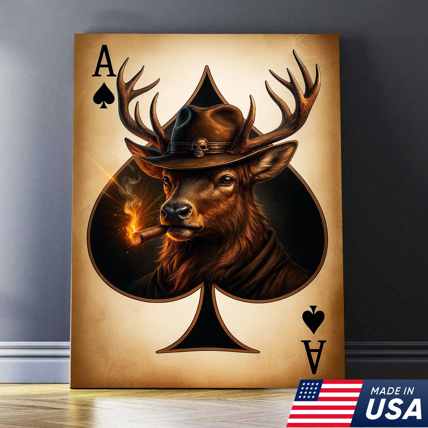 Wild West Ace of Spades Canvas Wall Art – Cowboy Deer with Hat – Rustic Hunting Cabin Decor