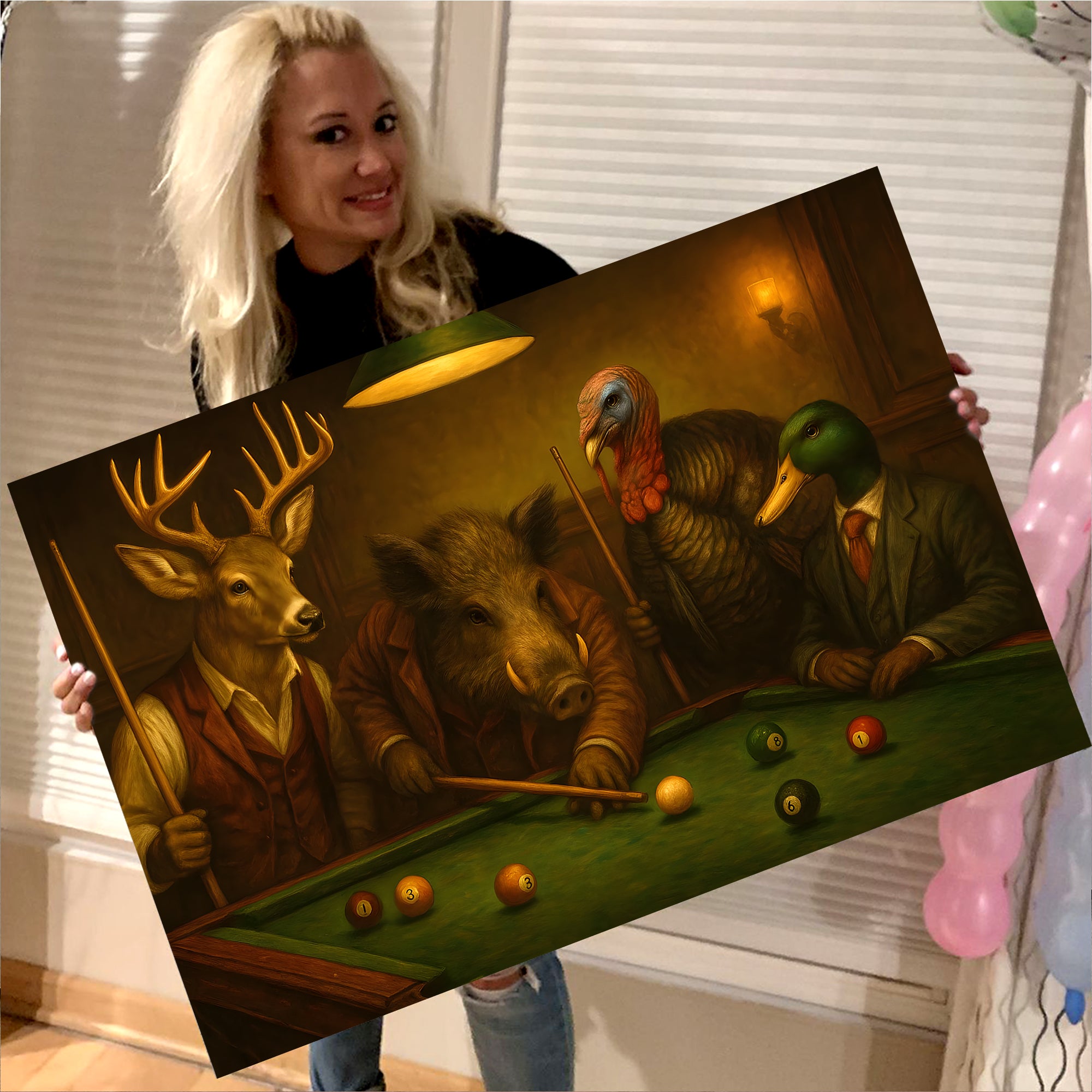 Hunter’s Billiard Crew Canvas Wall Art – Deer, Boar, Duck & Turkey Playing Pool – Rustic Hunting Cave & Lodge Decor