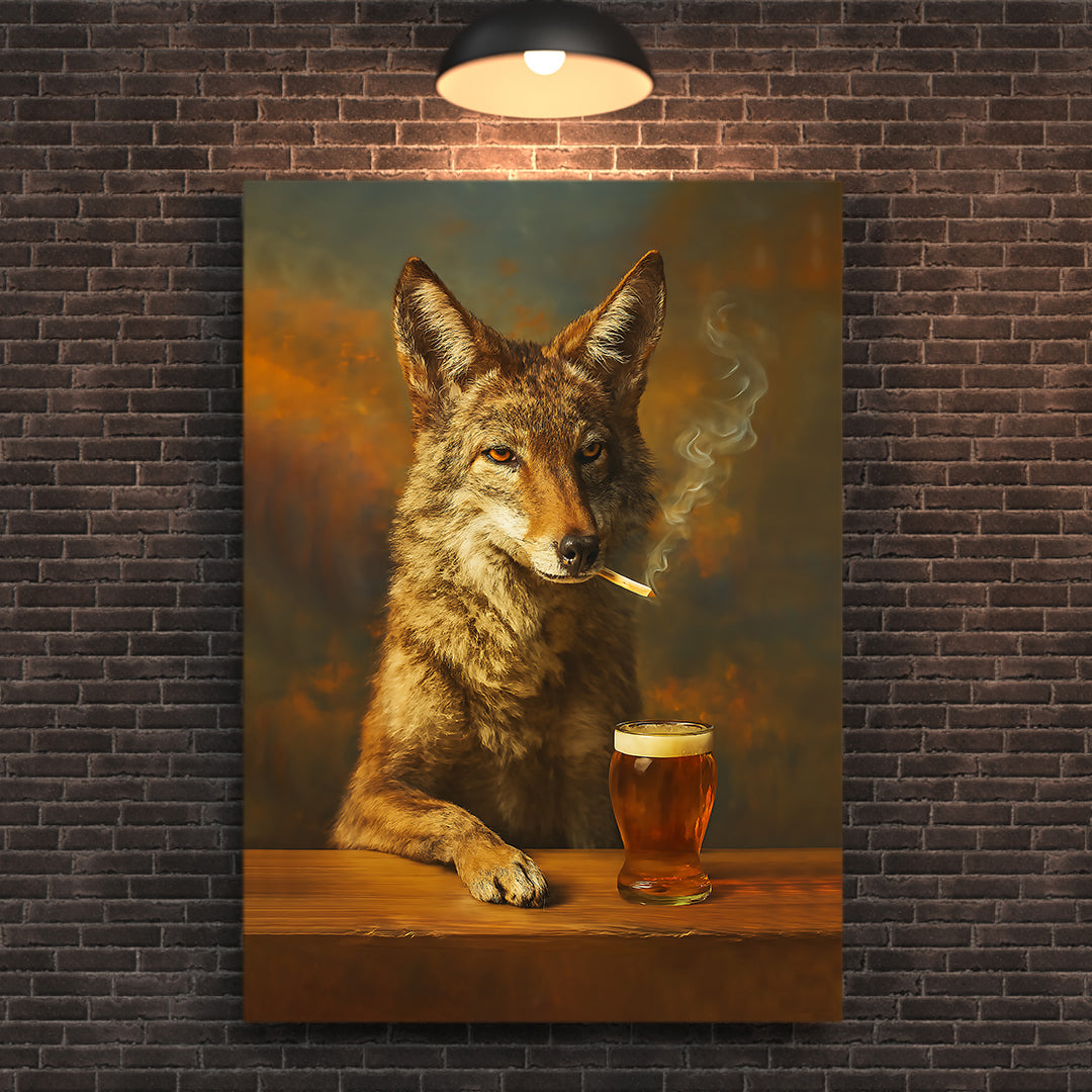Smoking Wolf Coyote with Cocktail Glasses Canvas – Funny Hunting Wall Art for Man Caves - Hilarious Gift for Outdoorsmen