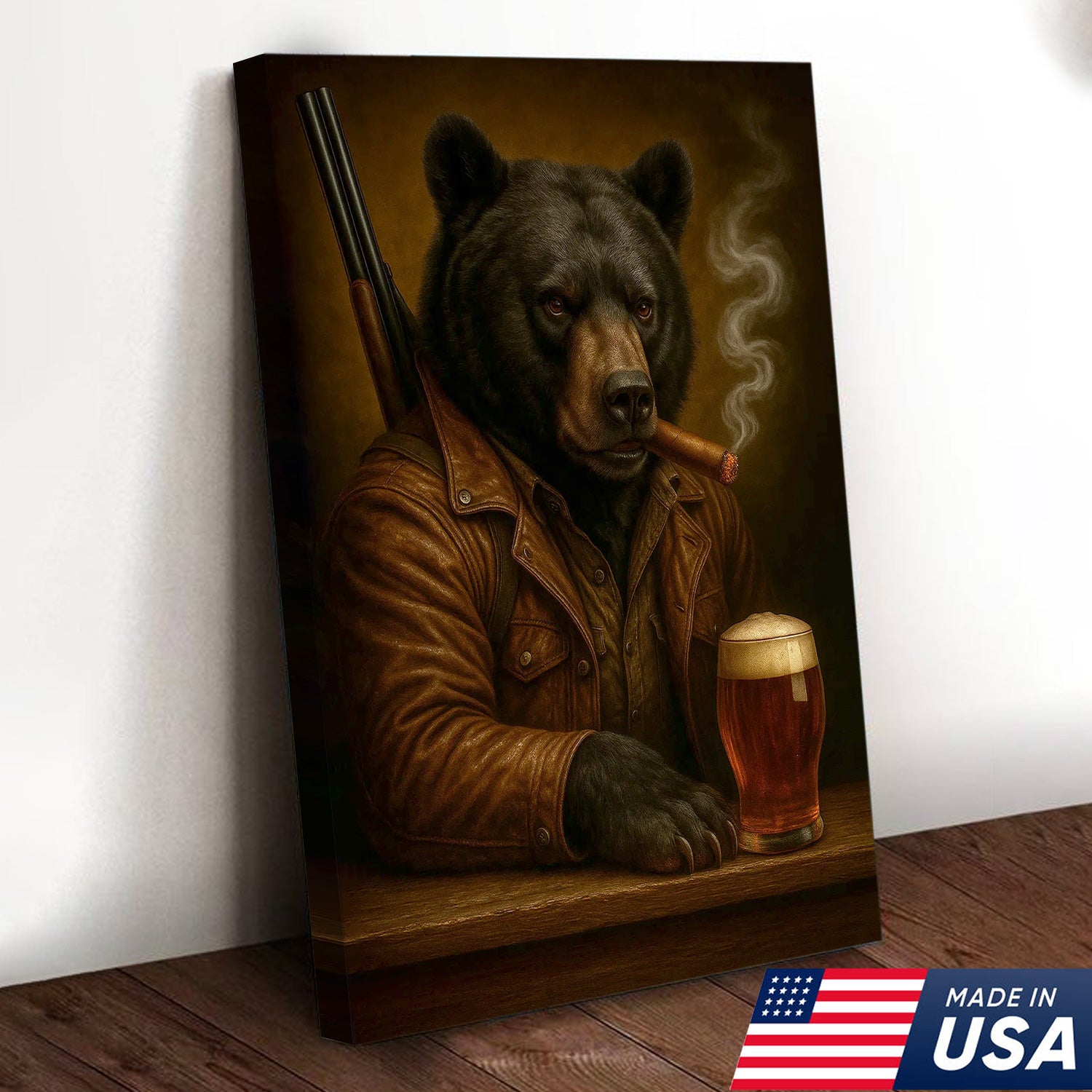 Black Bear Canvas Wall Art – Surreal Hunter Portrait with Beer Glass, Rustic Lodge Decor