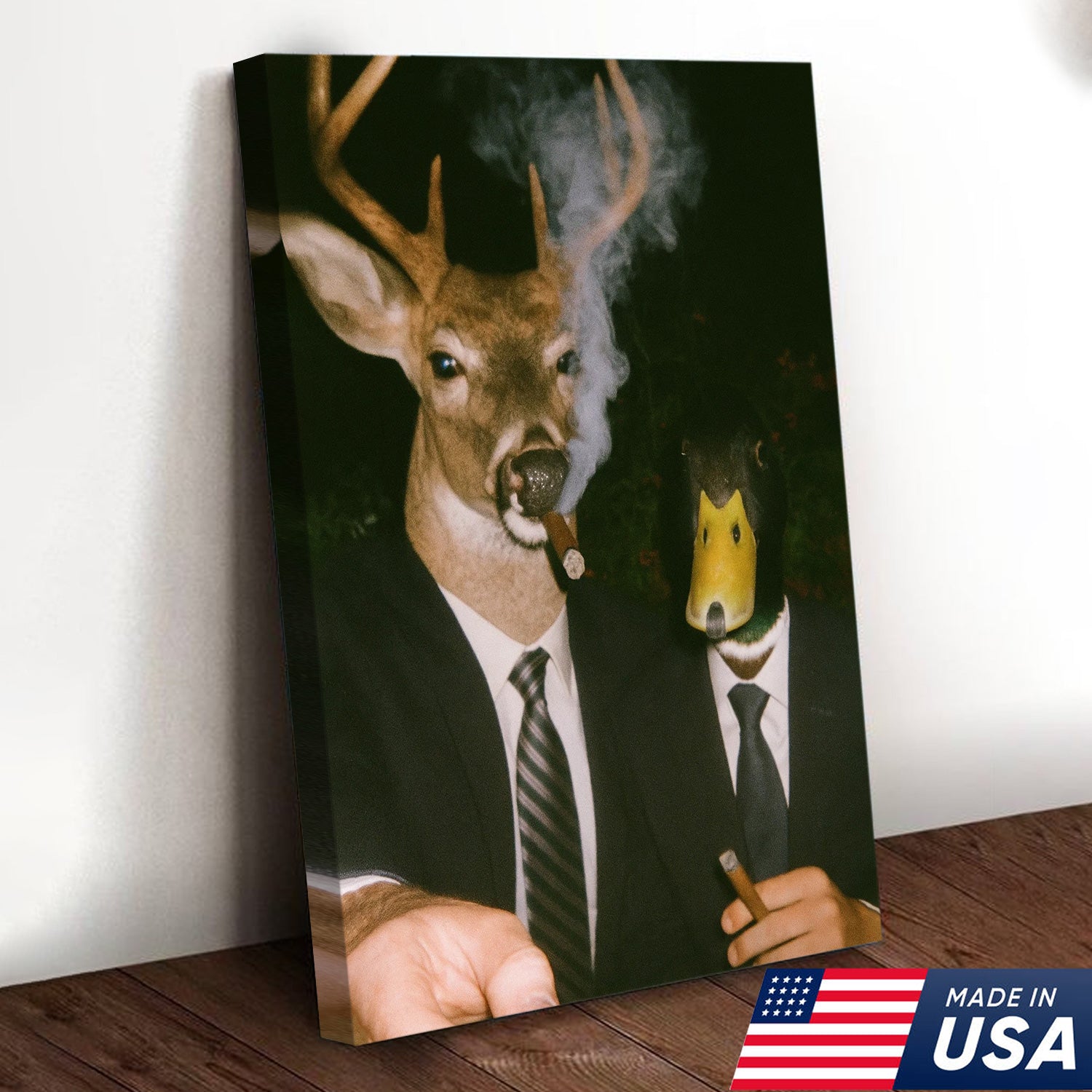 Funny Deer and Duck Canvas Wall Art - Hilarious Animal Duo in Suits - Unique Wildlife Artwork for Home Decor