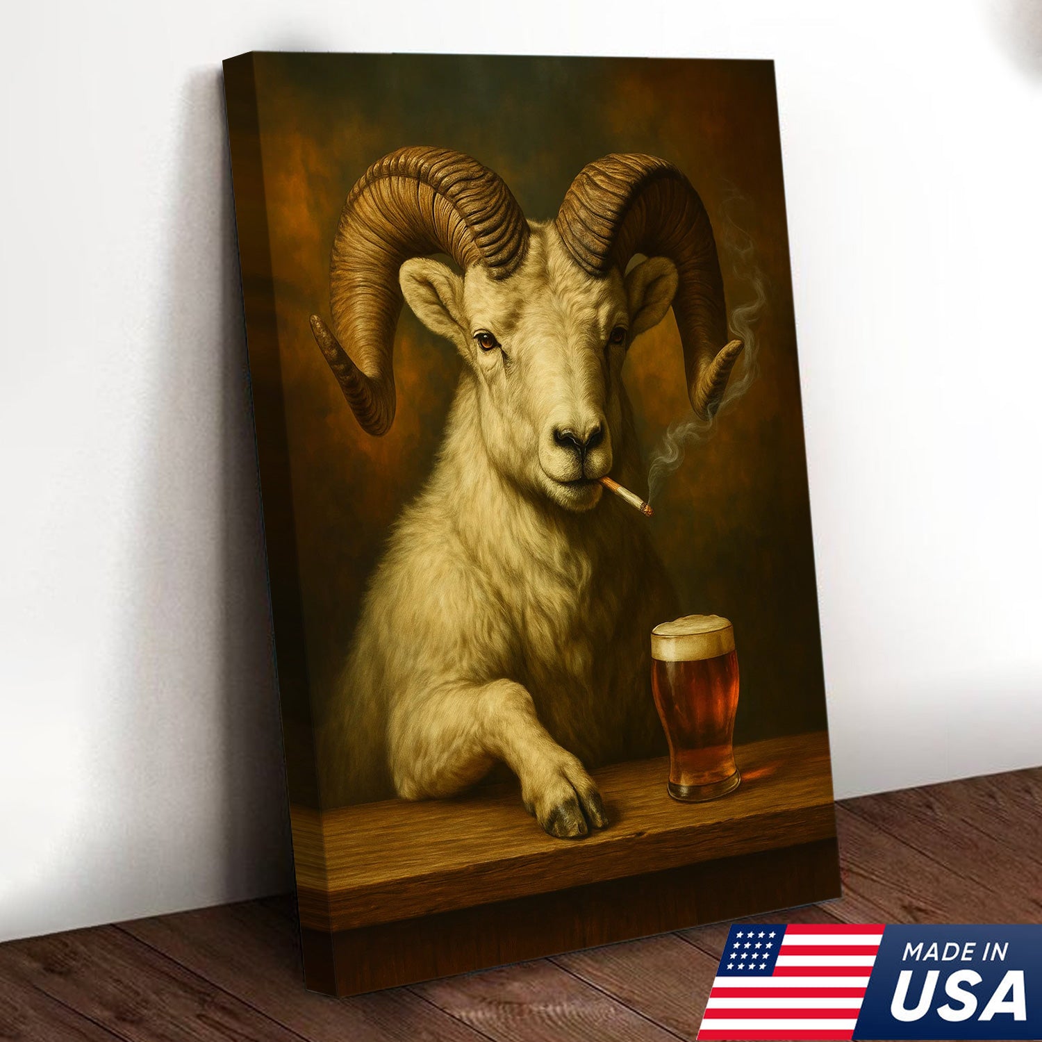 Rustic Dall Sheep Canvas Wall Art – Majestic Mountain Sheep with Beer Glass – Hunting Cabin Lodge Decor