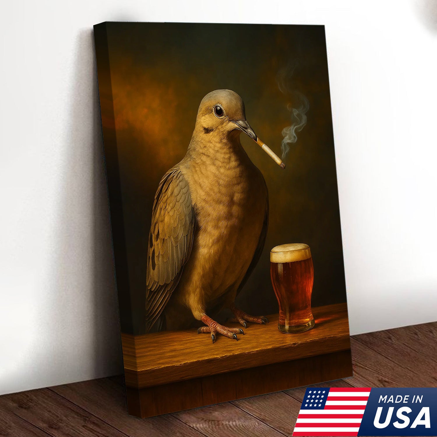 Rustic Mourning Dove Canvas Wall Art – Unique Wildlife Bar Scene with Beer – Hunting Cabin Lodge Decor
