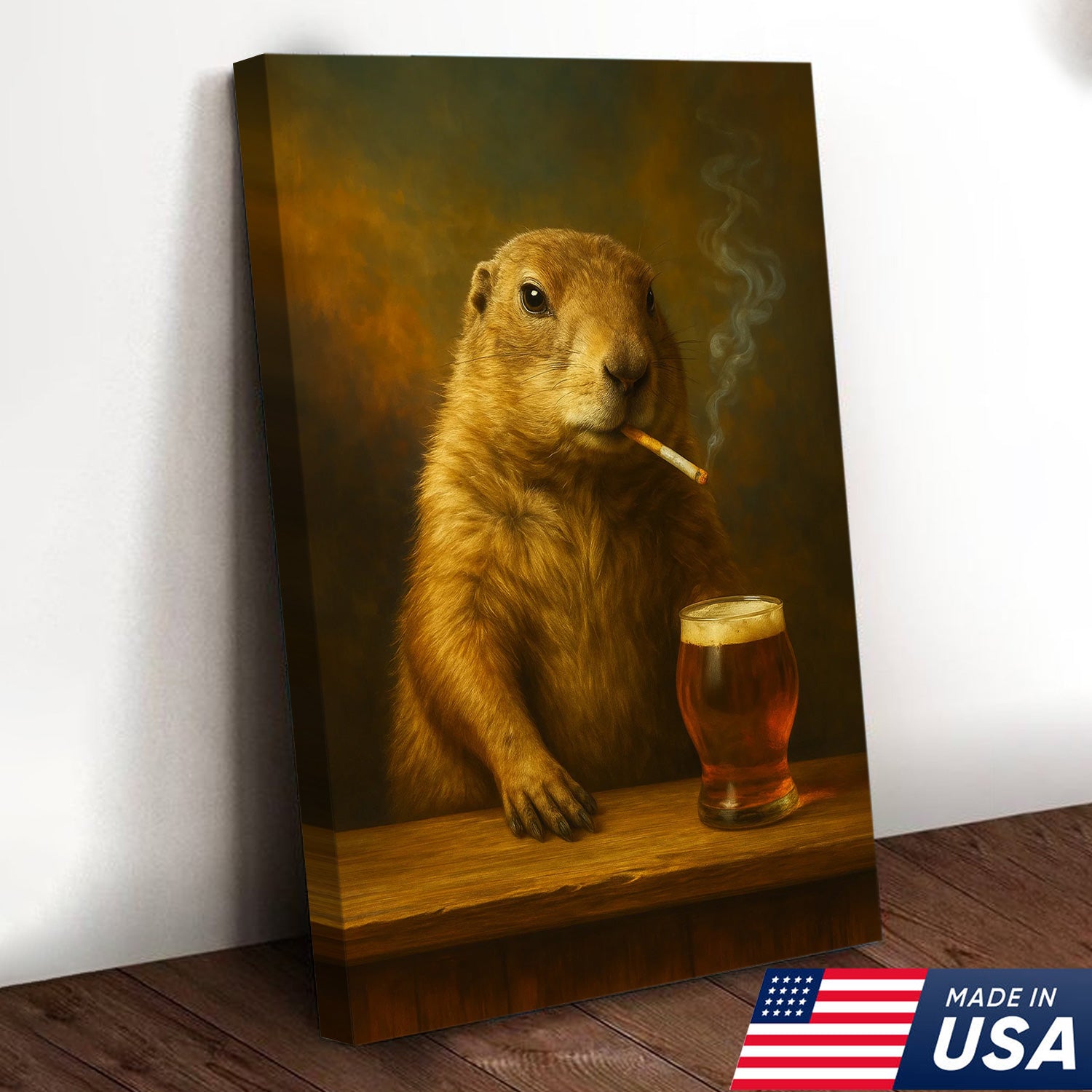 Rustic Prairie Dog Canvas Wall Art – Funny Wildlife Bar Scene with Beer – Hunting Cabin Lodge Decor