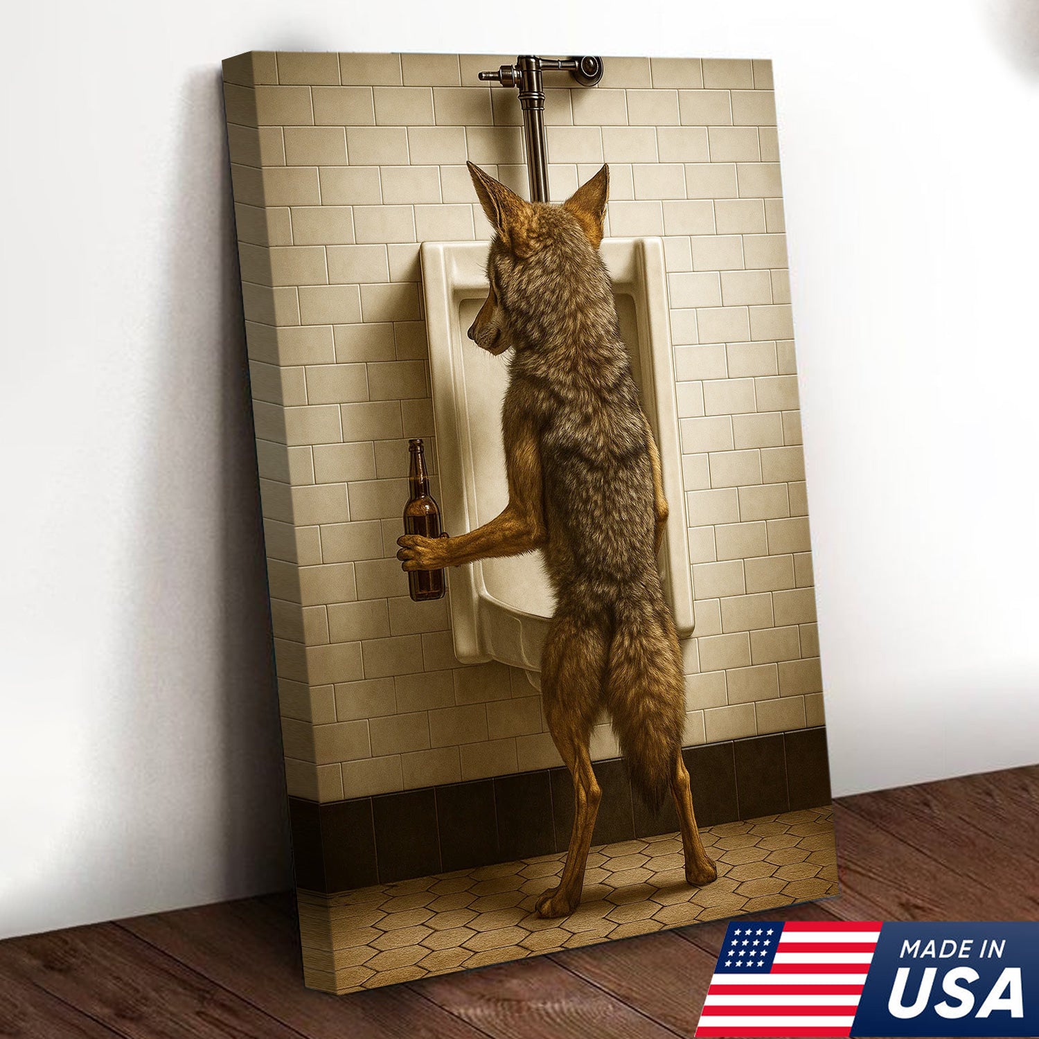 Hilarious Coyote Canvas Wall Art – Funny Bathroom Humor Decor – Rustic Hunting Cabin Gag Gift – Quirky Lodge Animal Artwork