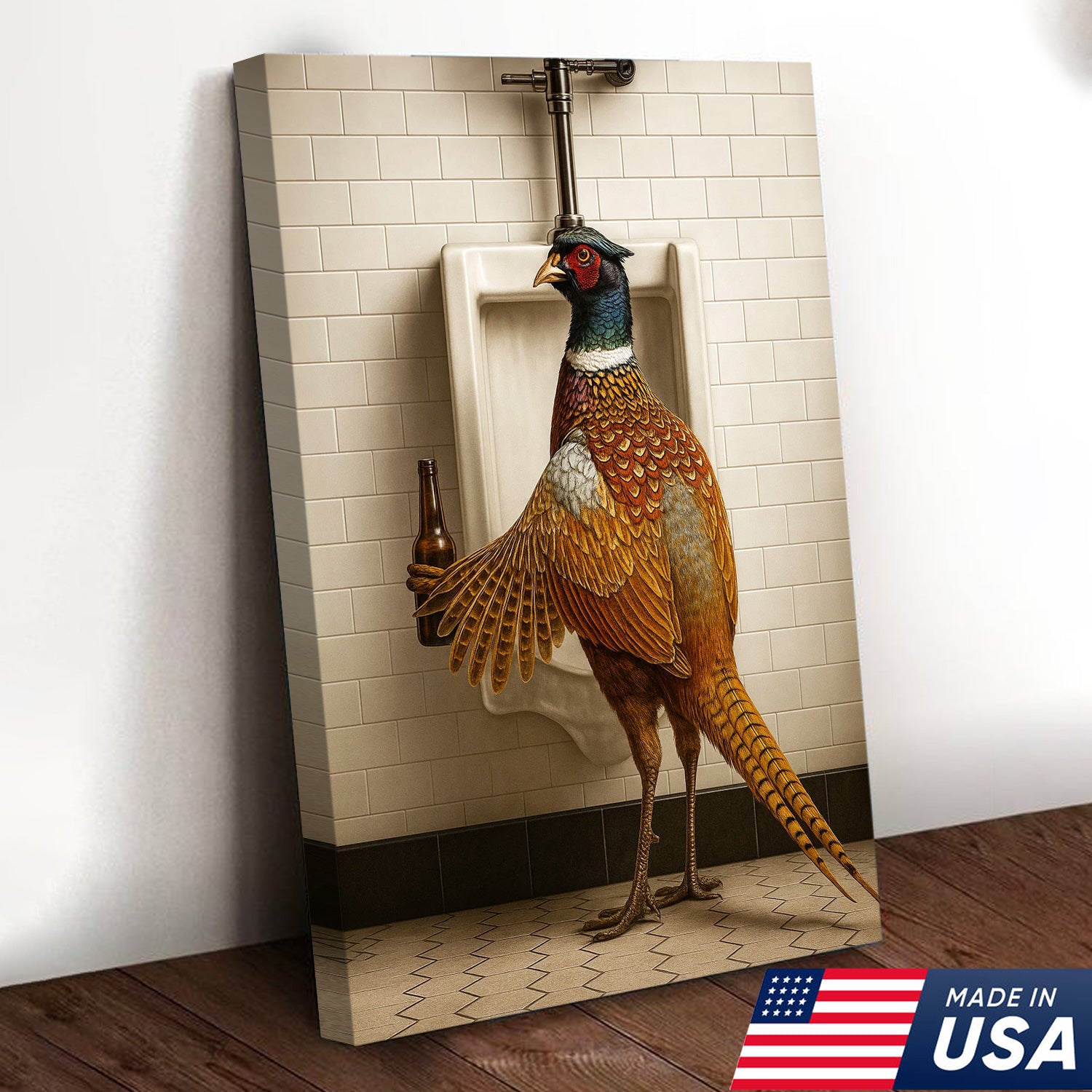 Funny Pheasant Canvas Wall Art – Hilarious Bathroom Humor Decor – Rustic Hunting Cabin Gag Gift – Quirky Lodge Animal Artwork