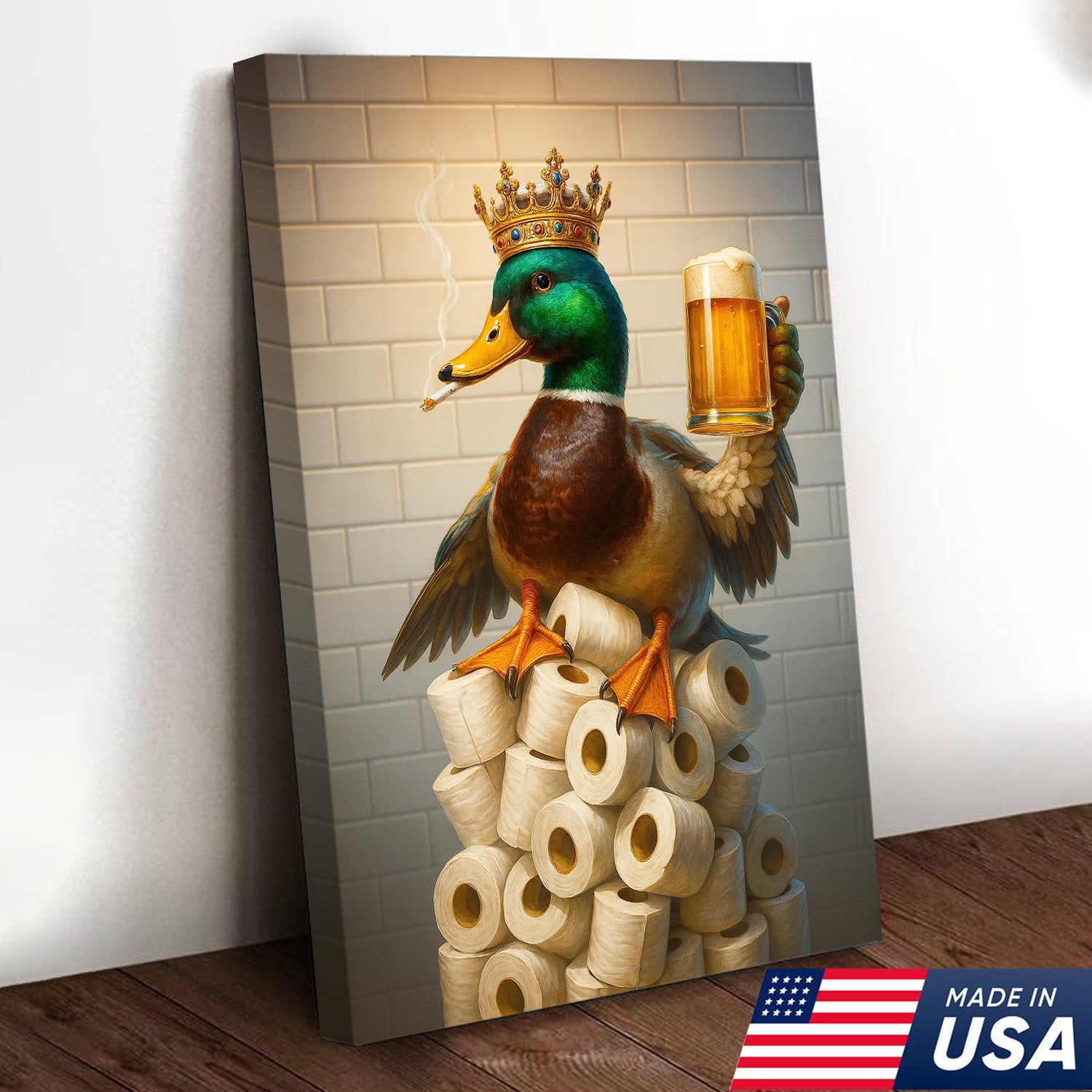 Royal Duck Canvas Wall Art - Funny Bathroom Decor with Crown and Beer - Rustic Wildlife Lodge Print