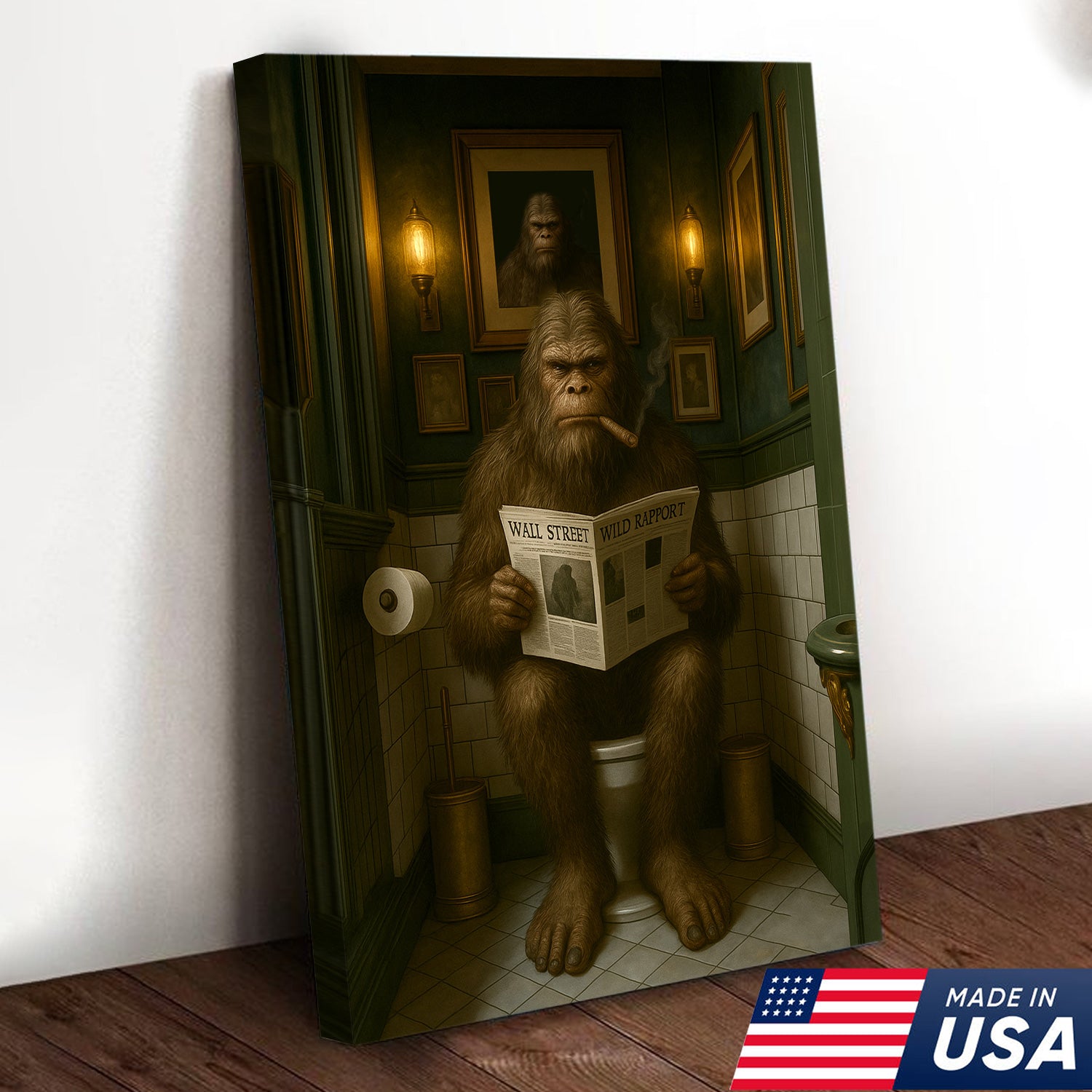Funny Bigfoot Bathroom Wall Art – Rustic Hunting Cabin Toilet Humor Canvas Decor