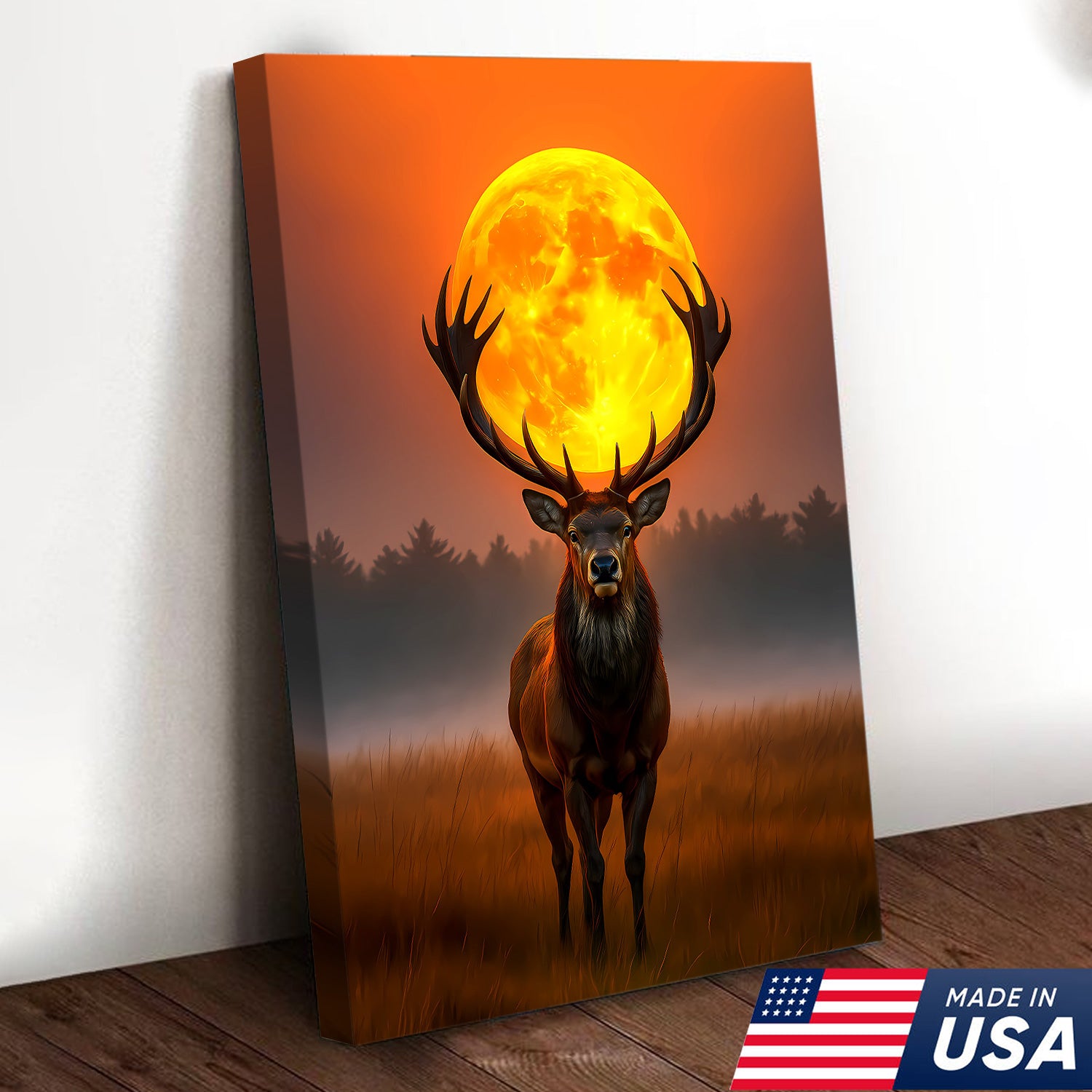 Majestic Elk Full Moon Canvas Wall Art – Hunting Cabin Decor Gift for Hunters