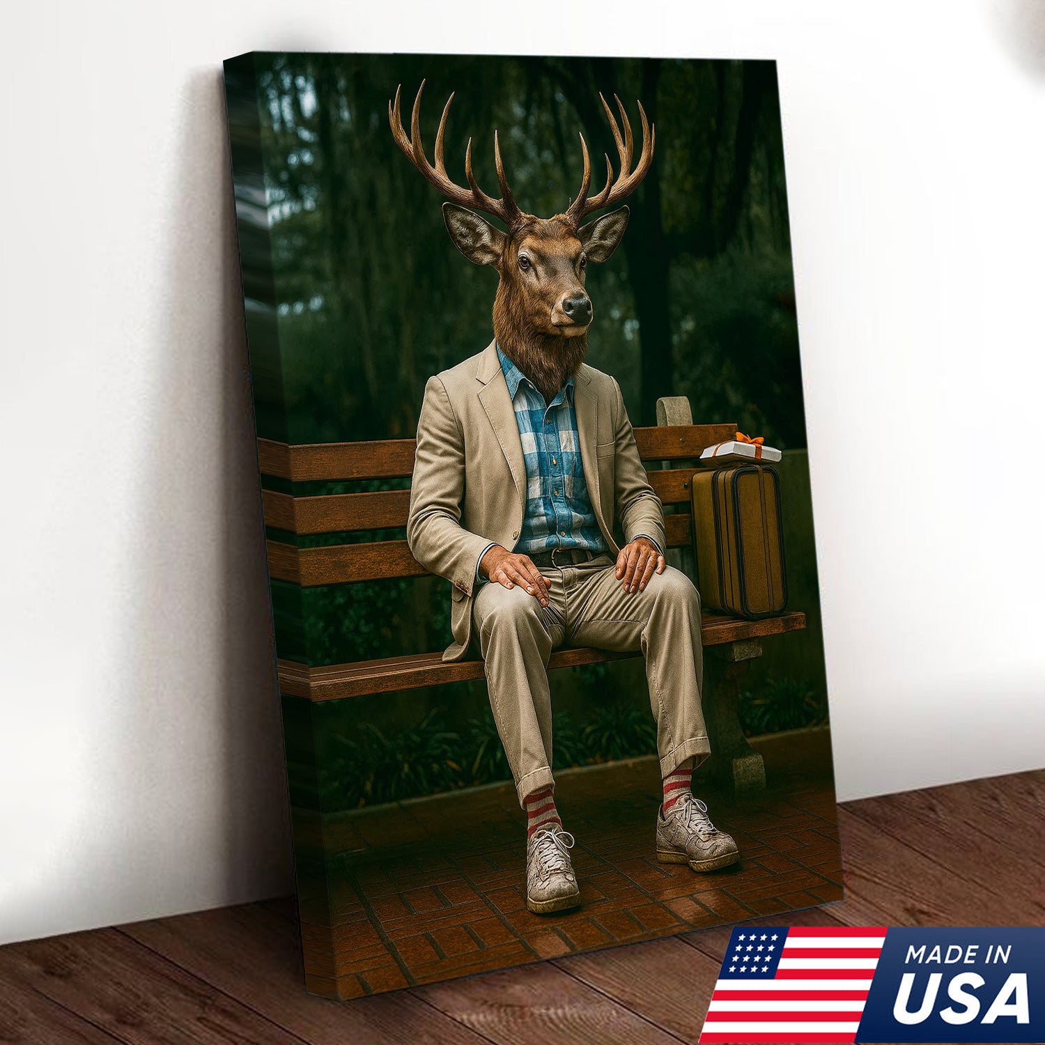 Funny Deer Canvas Wall Art – Buck Sitting on Bench – Whitetail Deer Hunting Lodge Decor