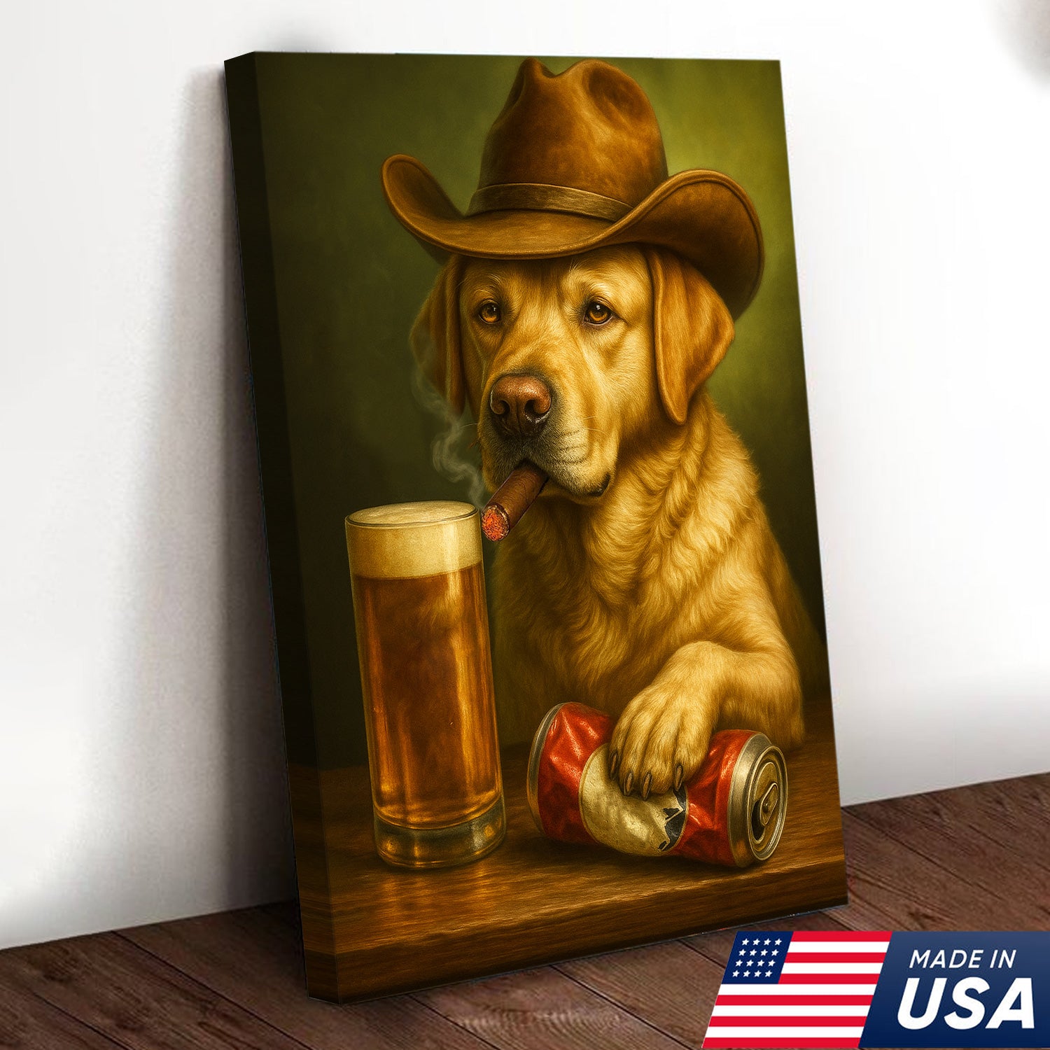 Funny Cowboy Dog Wall Art – Funny Beer & Smoking Canvas For Hunters, Bar & Man Cave Decor