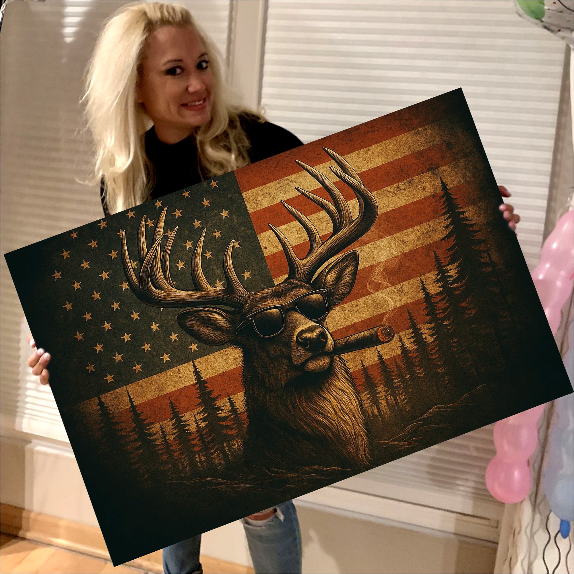 Deer Canvas Wall Art – Cool Buck with Sunglasses and USA Flag Rustic Hunting Lodge Decor