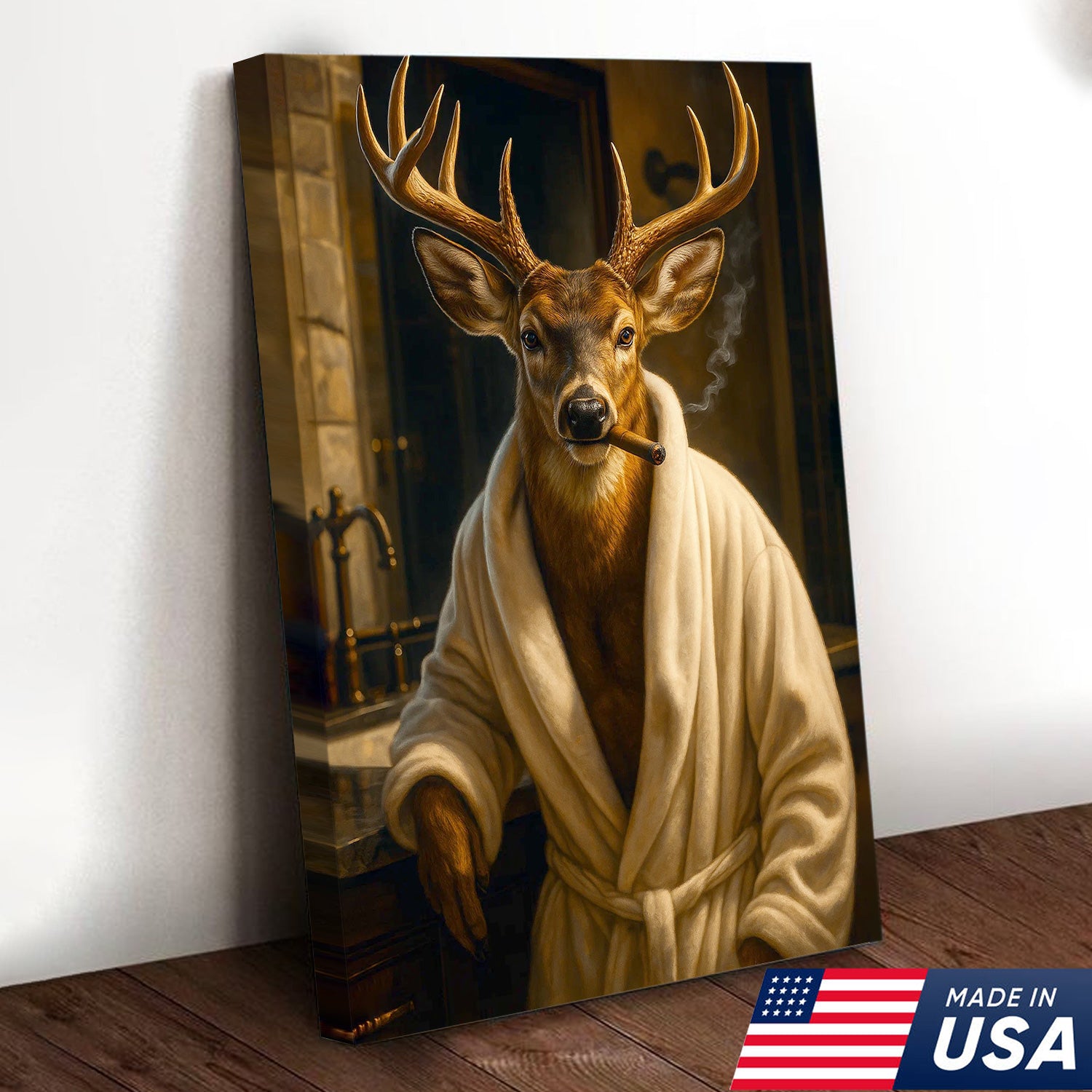 Deer Canvas Wall Art – Stylish Buck in Bathrobe Smoking Cigar Rustic Bathroom Decor for Hunters