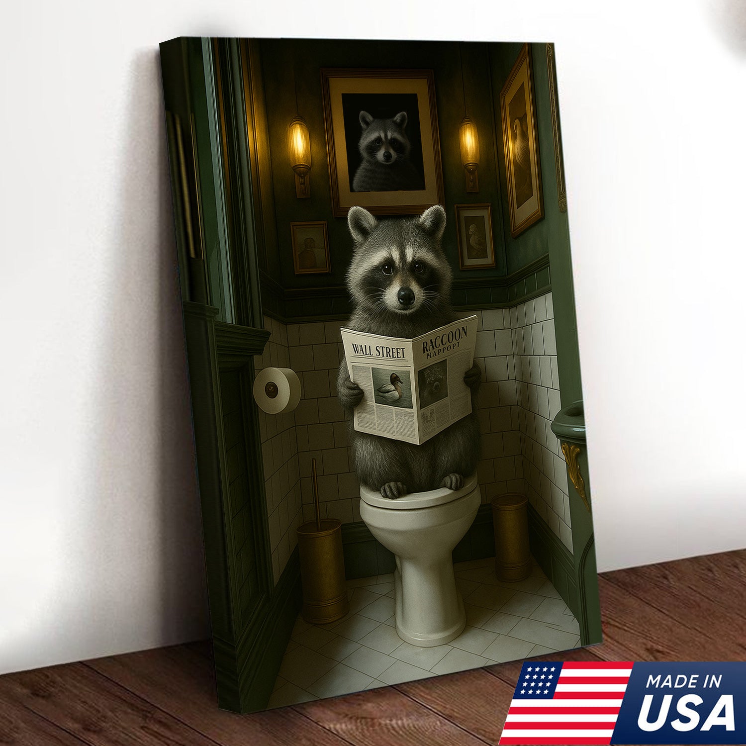 Funny Raccoon Bathroom Wall Art – Rustic Toilet Humor Cabin Canvas Decor, Gifts for Outdoorman