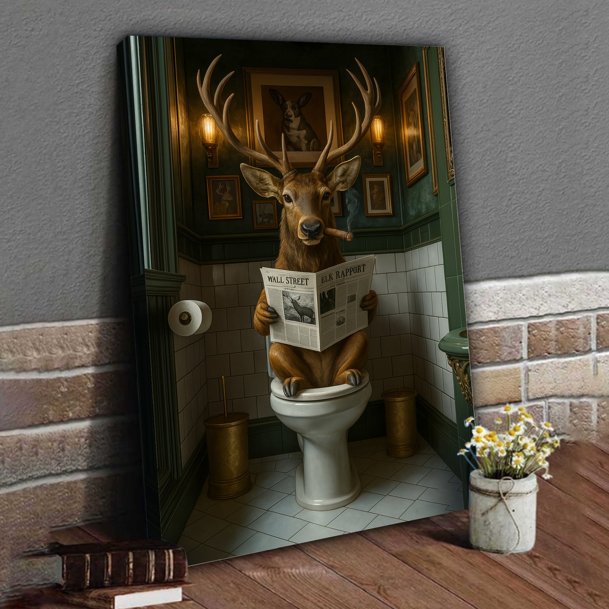 Funny Deer on Toilet Canvas Art – Stylish Animal Wall Art with Smoking and Wall Street Newspaper – Unique Bathroom Decor