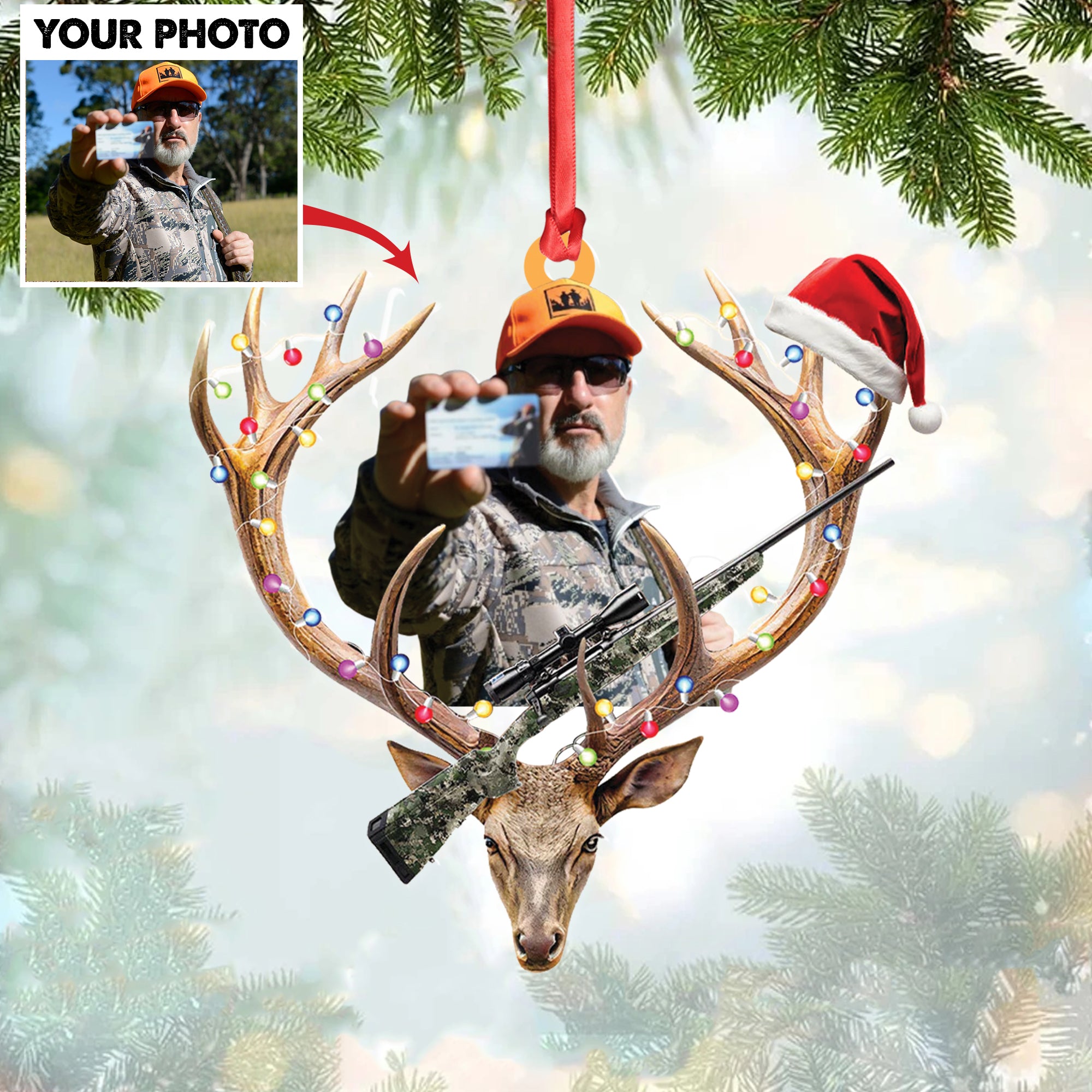 Personalized Hunting Aclyric Christmas Ornament – Custom Photo Deer Antler Gift for Hunters