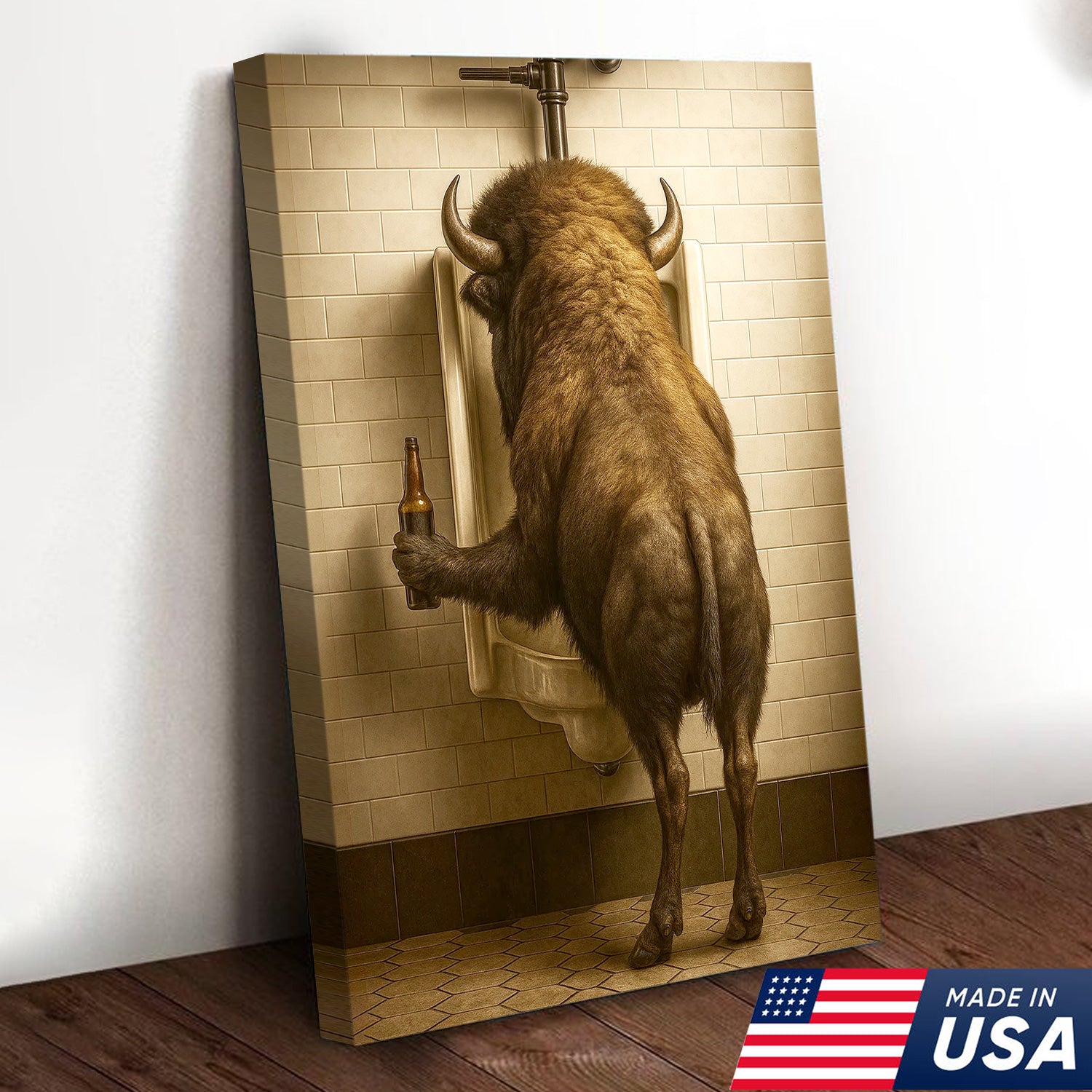 Funny Bison Canvas Wall Art - Rustic Bathroom Lodge Decor for Hunters - Unique Wildlife Cabin Print