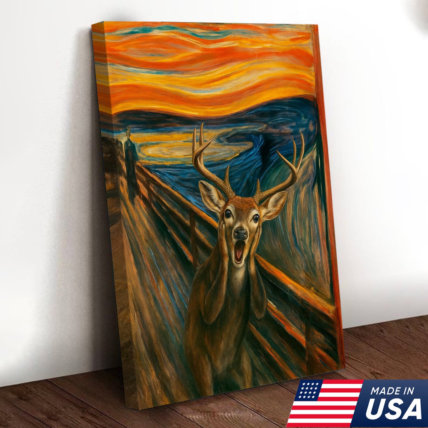 Funny Deer Wall Art Canvas – The Scream Parody Hunting Decor – Rustic Wildlife Home Decoration