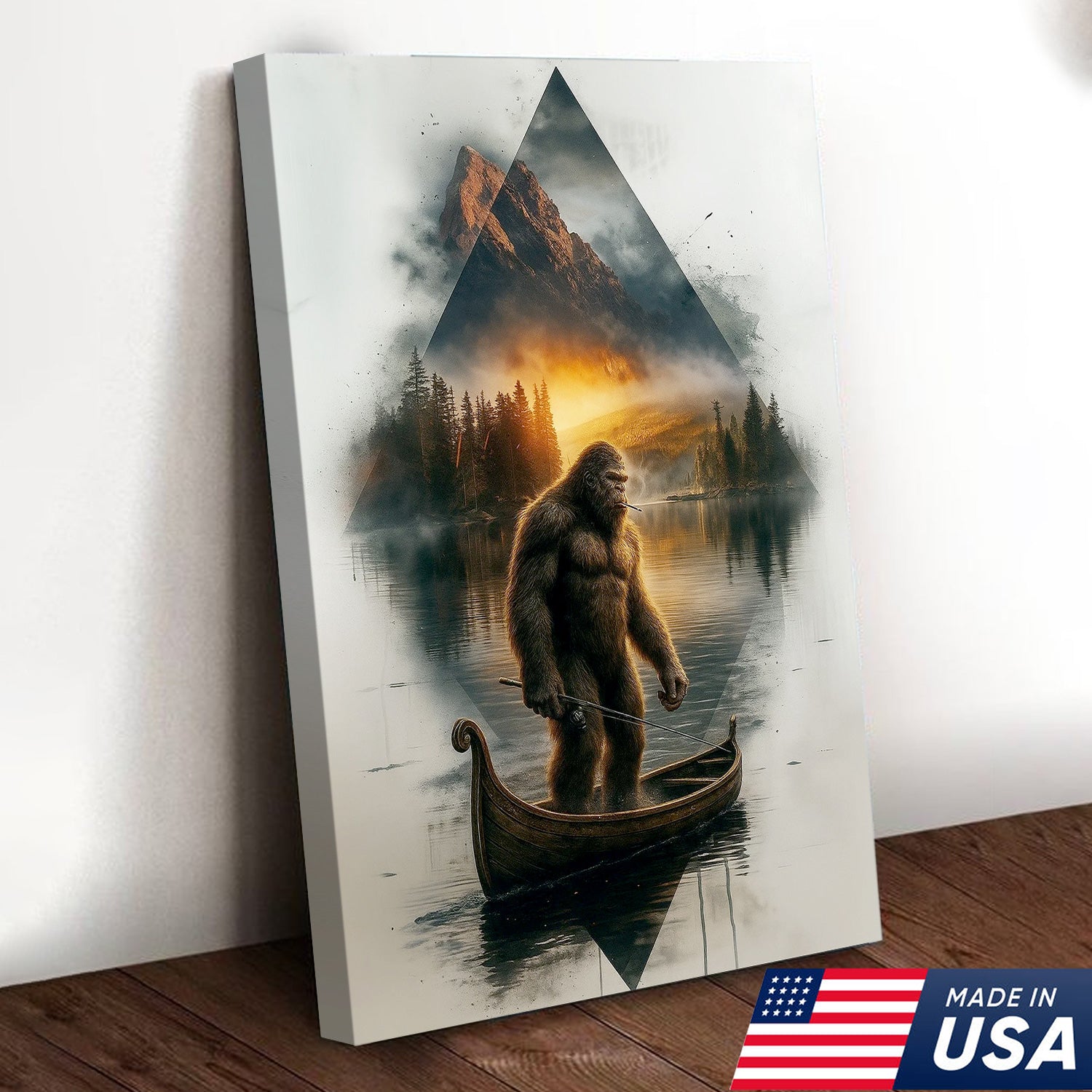 Bigfoot Fishing On Wooden Boat Adventure Canvas Wall Art – Mysterious Forest Lake Decor – Rustic Cabin & Lodge Artwork