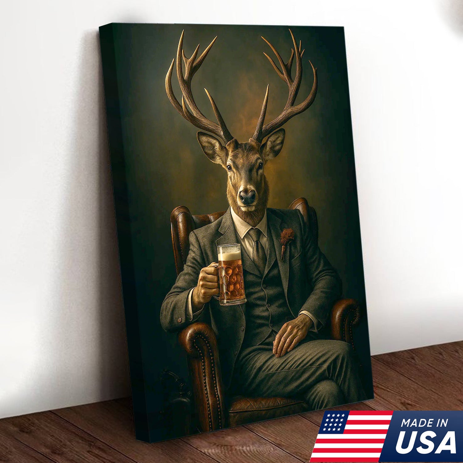 Deer Canvas Wall Art – Sophisticated Buck in Suit Holding Beer Rustic Lodge Decor for Hunters