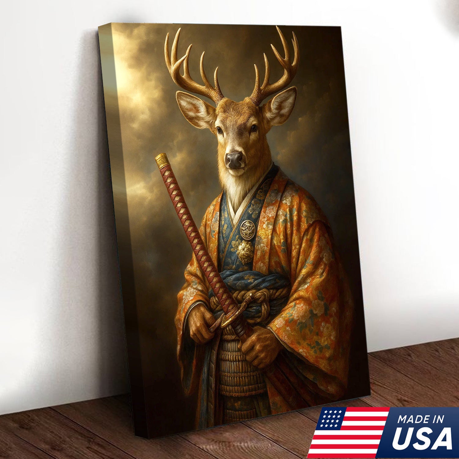 Deer Canvas Wall Art – Majestic Samurai Buck with Katana Warrior Rustic Lodge Decor