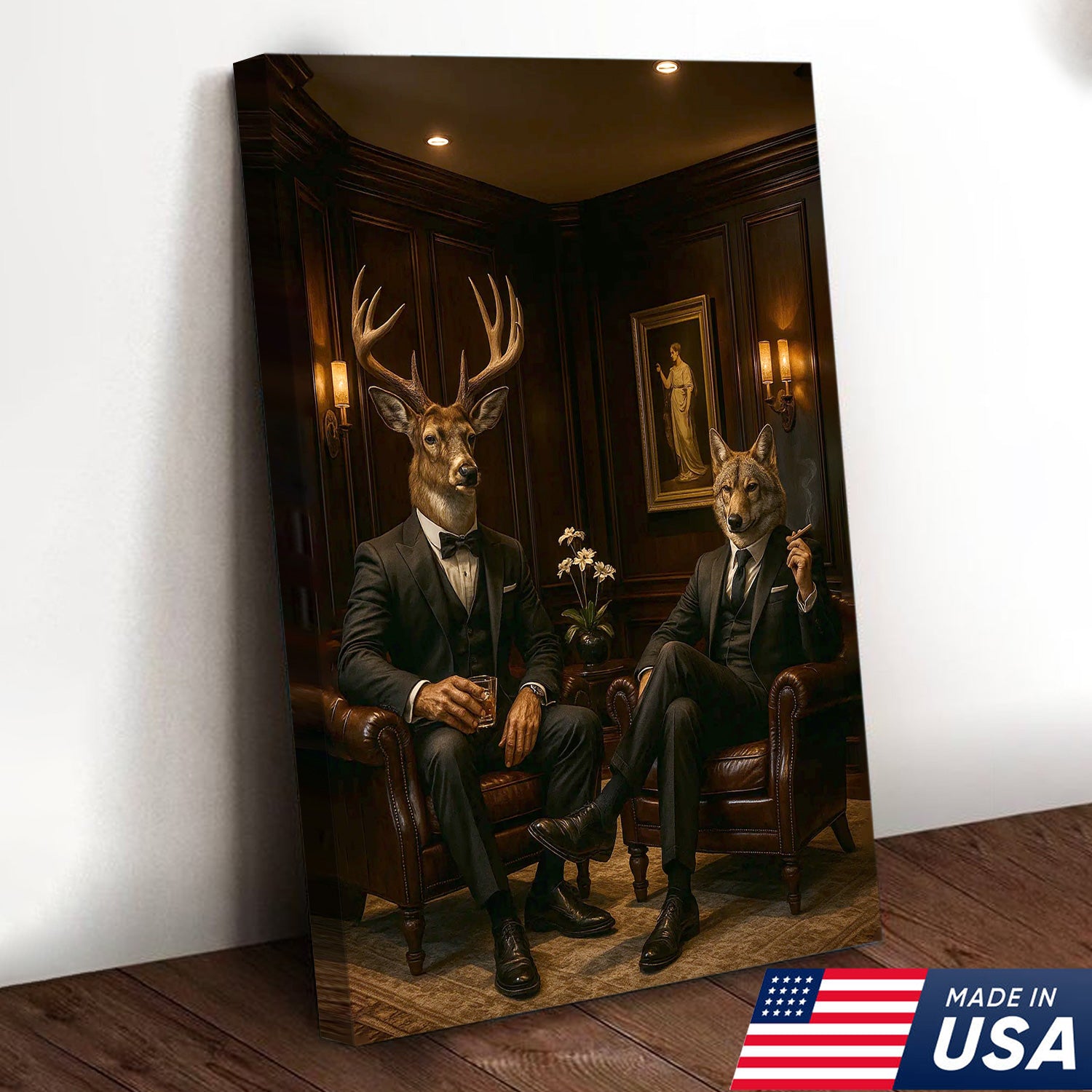 Elegant Deer and Wolf Canvas Wall Art - Sophisticated Animal Portrait in Suits, Luxury Rustic Decor for Living Room & Office