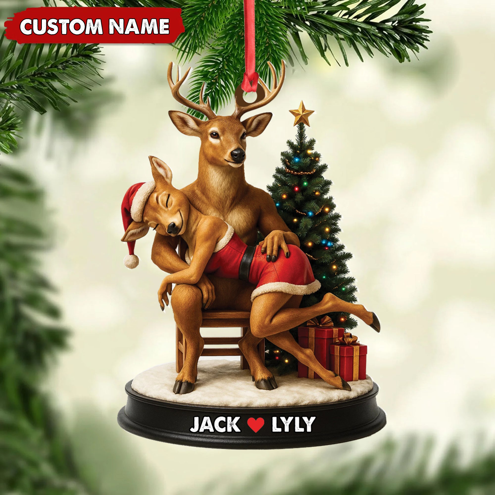 Personalized Acrylic Deer Couple Christmas Ornament – Romantic Holiday Decor for Couples & Wildlife Lovers