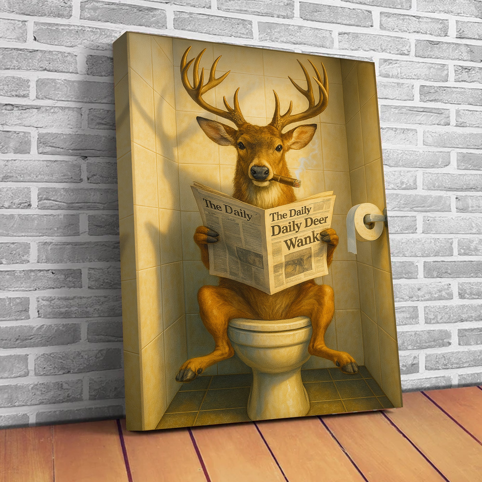 Funny Deer on Toilet Canvas – Quirky Animal Art Print with Smoking and Newspaper for Unique Wall Decor
