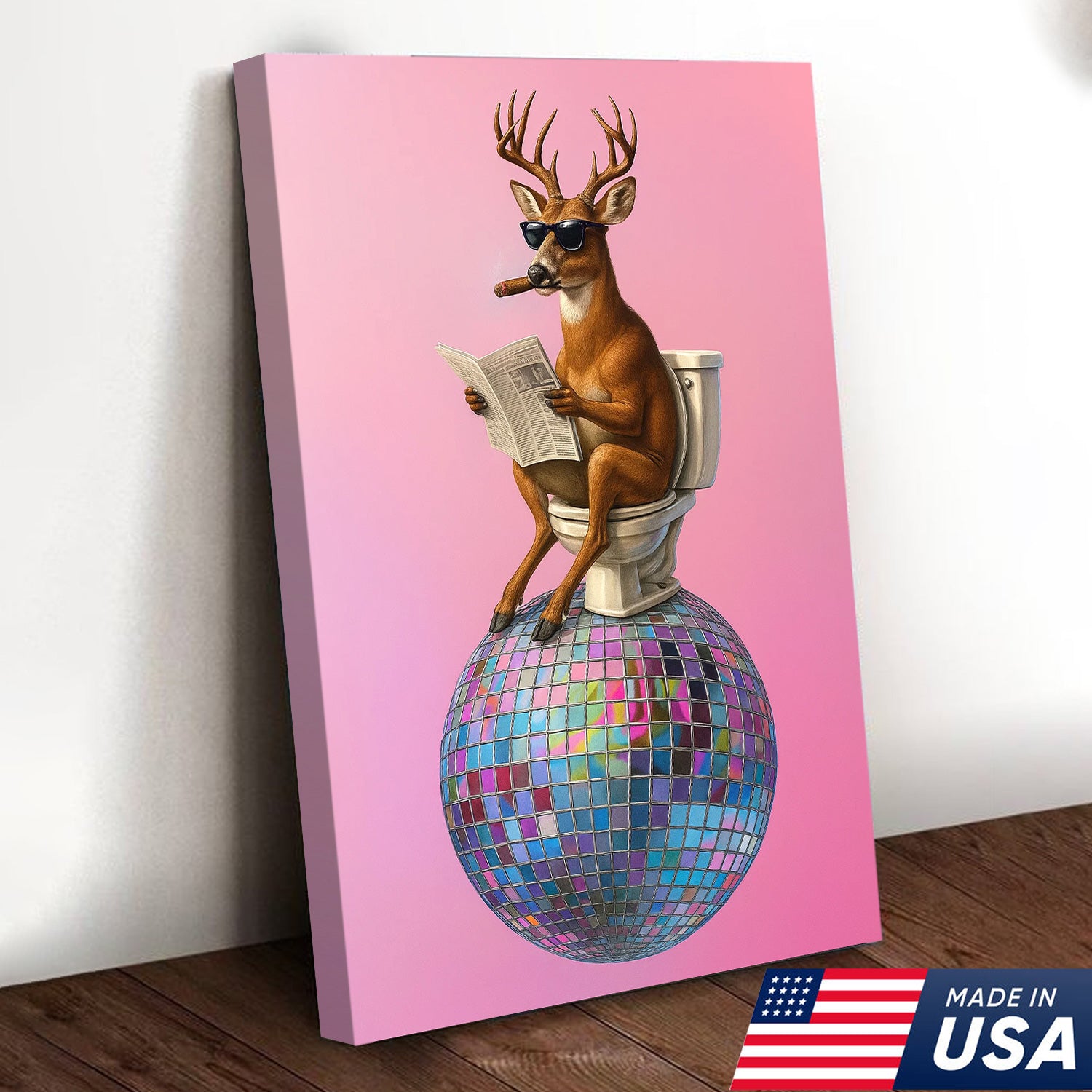 Deer Canvas Wall Art – Funny Buck Reading Newspaper on Toilet with Disco Ball Unique Bathroom Decor