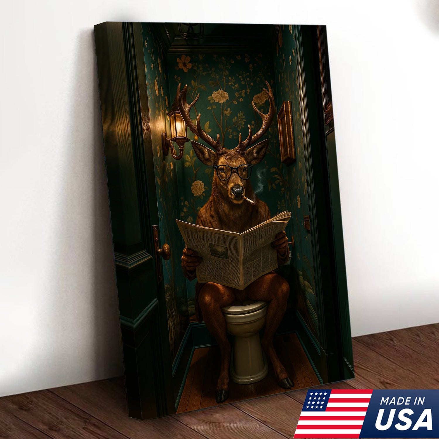 Funny Whitetail Buck Bathroom Canvas – Deer with Glasses Reading Newspaper on Toilet – Quirky Powder Room Wall Art