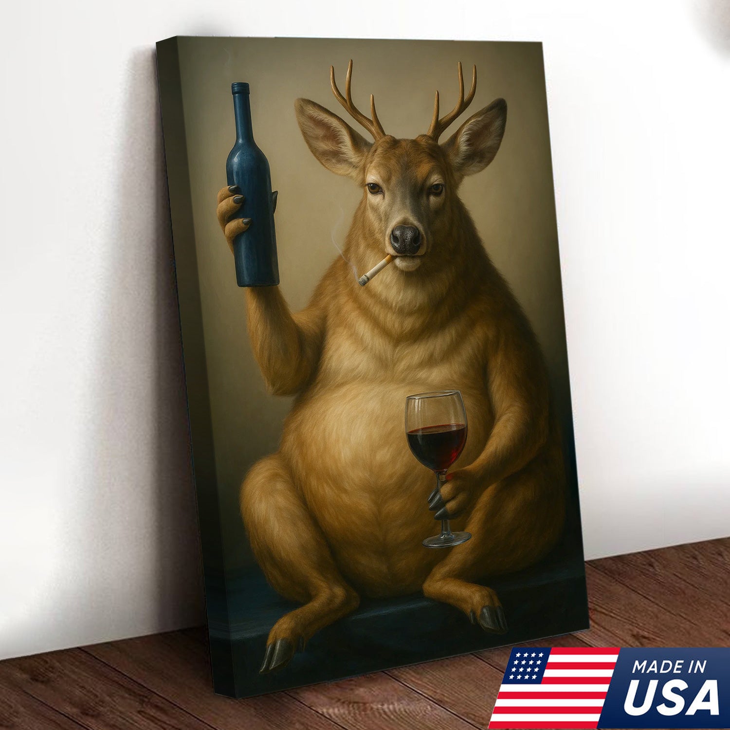 Funny Deer Wall Art Canvas – Fat Buck with Wine Glass Rustic Lodge Decor – Whimsical Wildlife Hunting Home Decoration