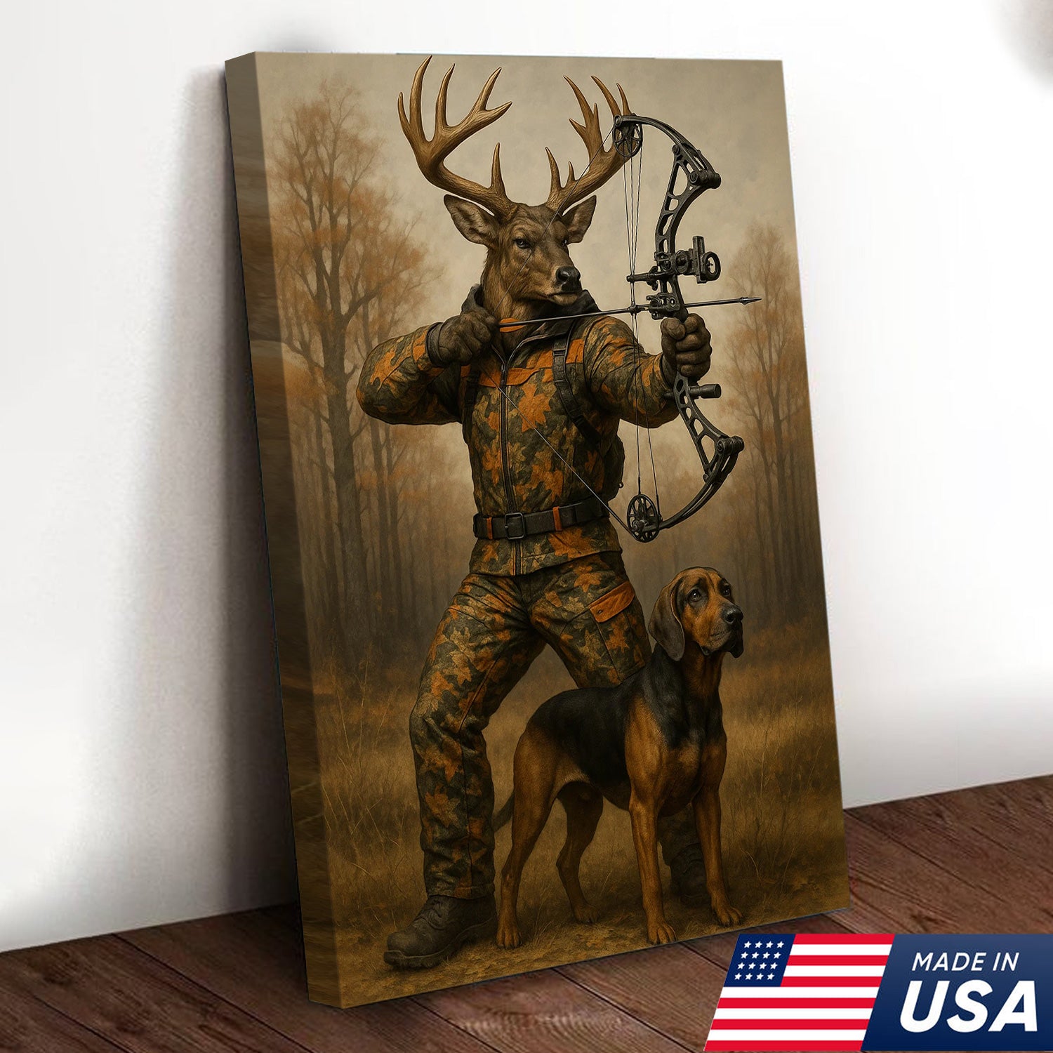 Whitetail Buck Bowhunter Canvas Wall Art – Deer Archer in Camo with Hound Dog – Archery Hunting Decor