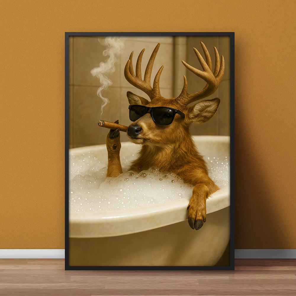Funny Deer in Bathtub Canvas – Retro Animal Art Print with SunGlasses and Smoking for Unique Wall Decor