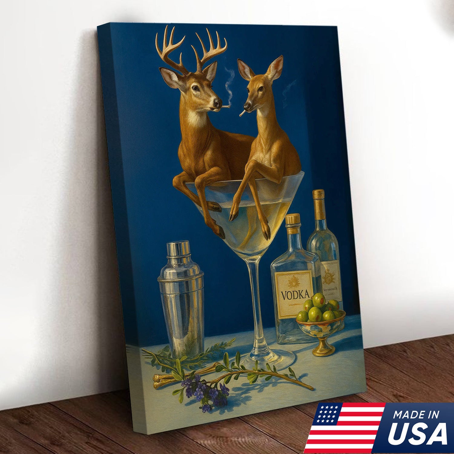 Funny Deer Couple Wall Art Canvas – Whimsical Buck and Doe in Martini Glass – Rustic Lodge Hunting Decor for Home Bar