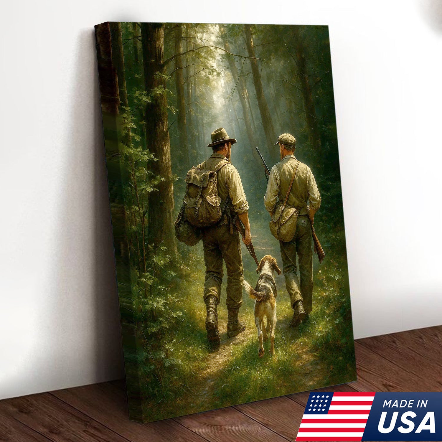 Hunting Canvas Wall Art – Hunters Walking with Dog in Forest – Rustic Cabin Decor for Lodge and Outdoor Enthusiasts