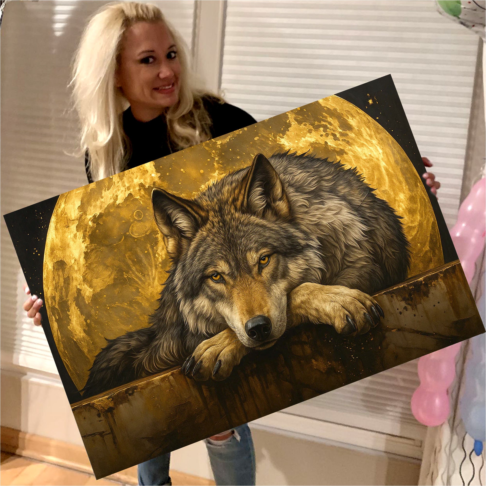 Wolf Canvas Wall Art – Majestic Wolf with Full Moon – Rustic Wildlife Decor for Cabin, Lodge, and Nature Lovers