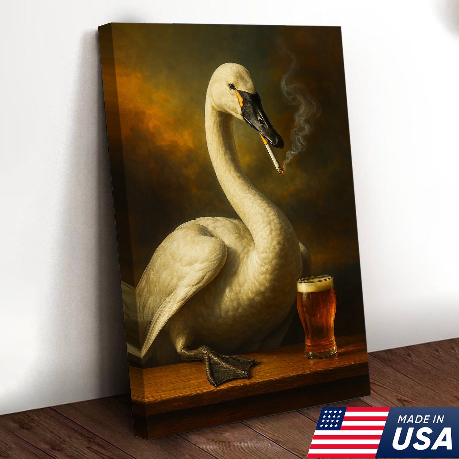 Rustic Tundra Swan Canvas Wall Art – Elegant Wildlife Bar Scene with Beer – Hunting Cabin Lodge Decor